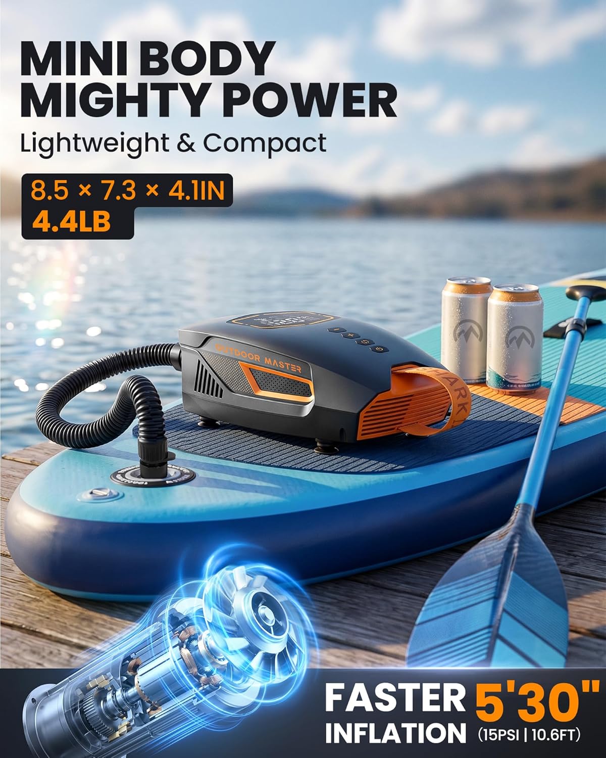 OutdoorMaster Shark 3 Mini 74Wh Portable Paddle Board Pump Electric | 5'30" Fast Inflation, Rechargeable SUP Air Pump, Auto-Off & Deflation, 20PSI 12V/15.8V DC Input, 8 Nozzles for Inflatables