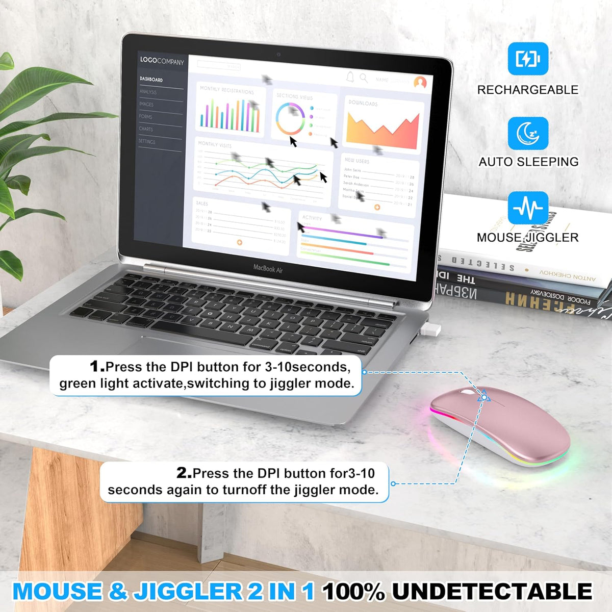 LED Bluetooth Wireless Mouse for MacBook Air Mac Pro Laptop iPad–Rose Gold | Rechargeable Silent Light-Up Optical Mouse with Jiggler Dual Mode BT5.2 & USB-A/USB-C for Students Kids Girls Boys