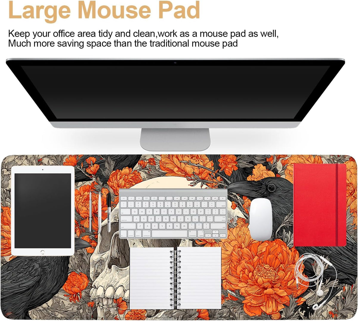 Mouse Pad Desk Mat for Desktop, Large 35.43" x 15.75" Extended Gaming Mousepad with Skull and Raven Design, Waterproof Non-Slip Rubber Base, Computer Laptop Desk Accessories for Women Men Home Office