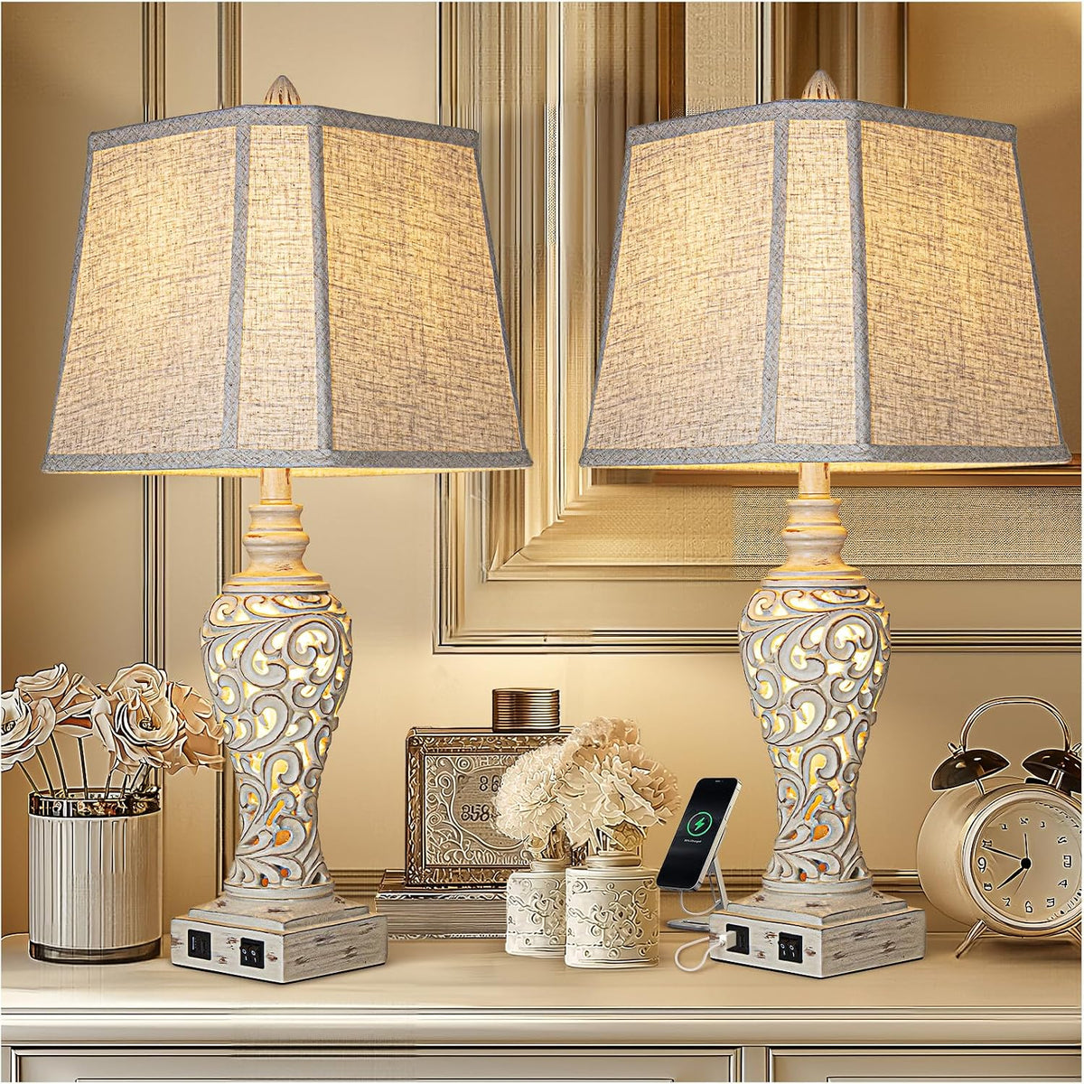 LuxSight Collection 28.5" Table Lamps Set of 2 with Nightlight for Bedroom