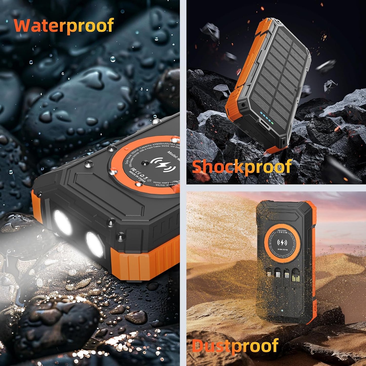 Solar Charger Power Bank 49800mAh Wireless Portable Phone Charger, 22.5W QC3.0 Fast Charging Built in 4 Cables with USB C 6 Outputs & 2 Inputs for All Cell Phone