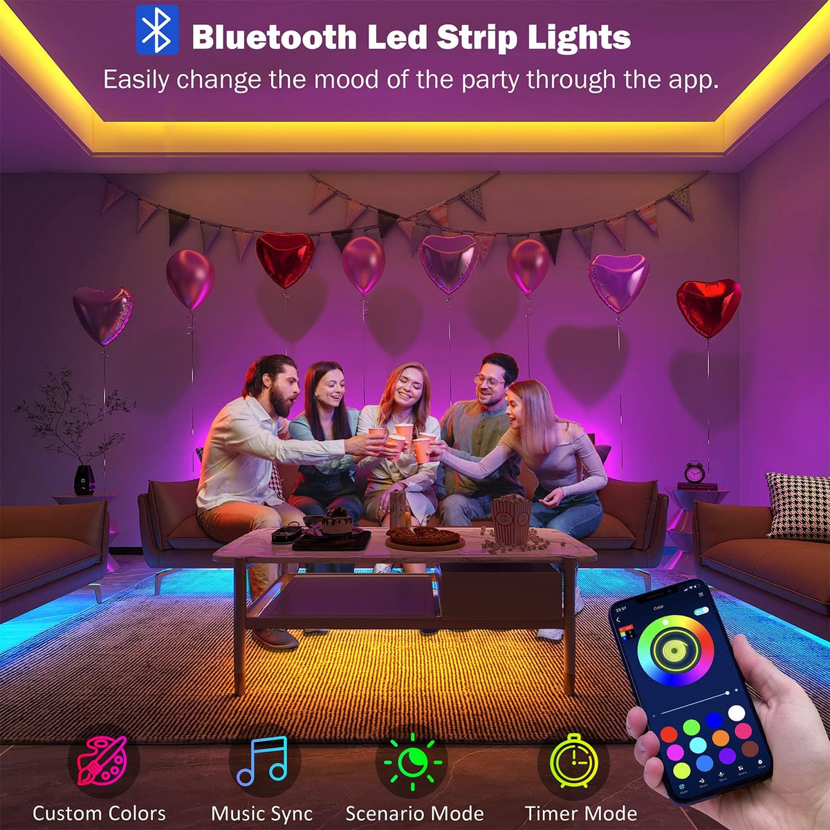 Leeleberd 130 ft Led Lights for Bedroom,(2 Rolls of 65FT) Bluetooth Smart APP Control Color Changing RGB Led Strip Lights with Remote Control Led Lights for Room Kitchen Party Home Decoration