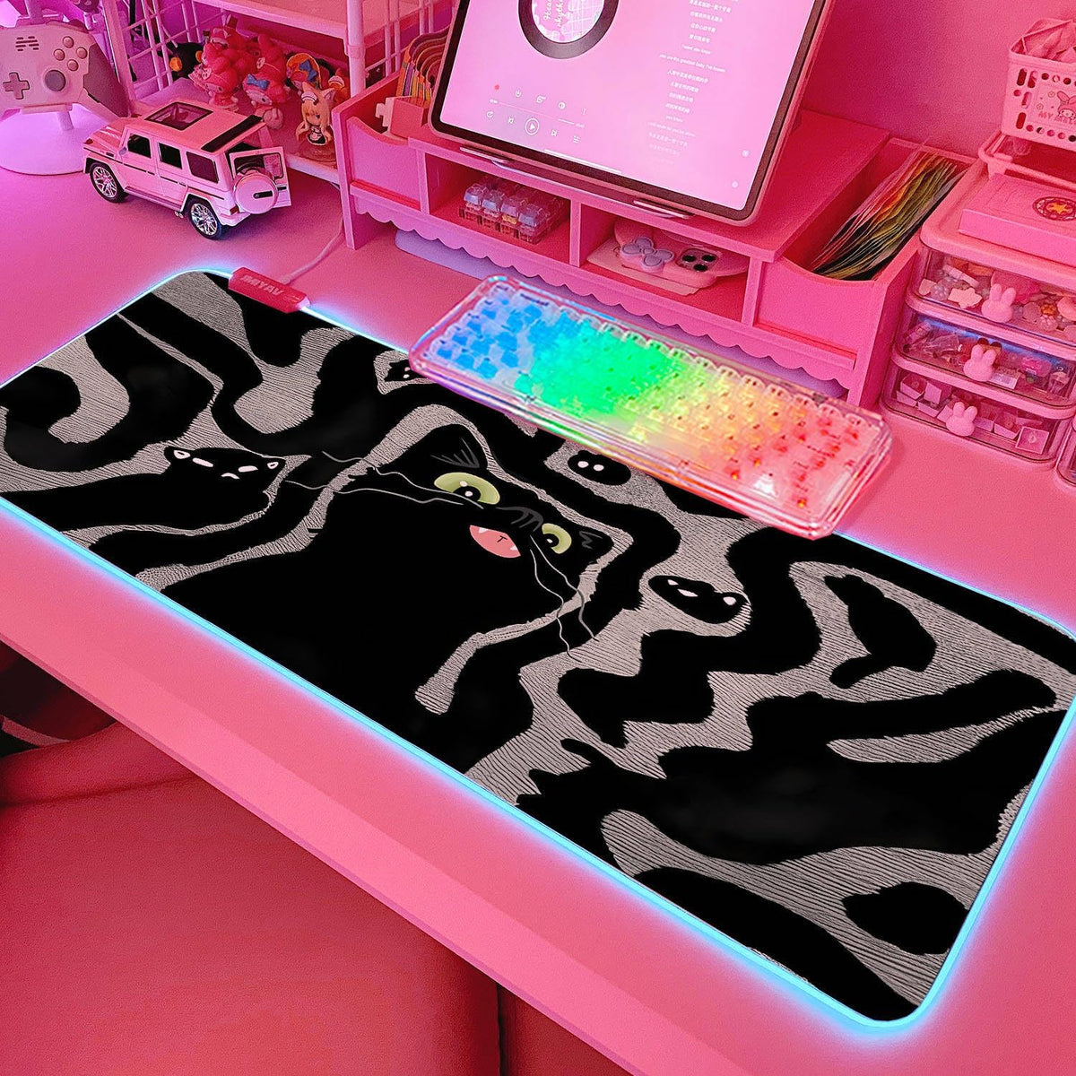 JMIYAV Pink RGB Gaming Mouse Pad 31.5x12 Inch PC XL Large Extended Glowing Led Light Up Desk Pad Non-Slip Rubber Base Computer Cute Mousepad Mat Desk Accessories Gaming Setup Wavy Cat