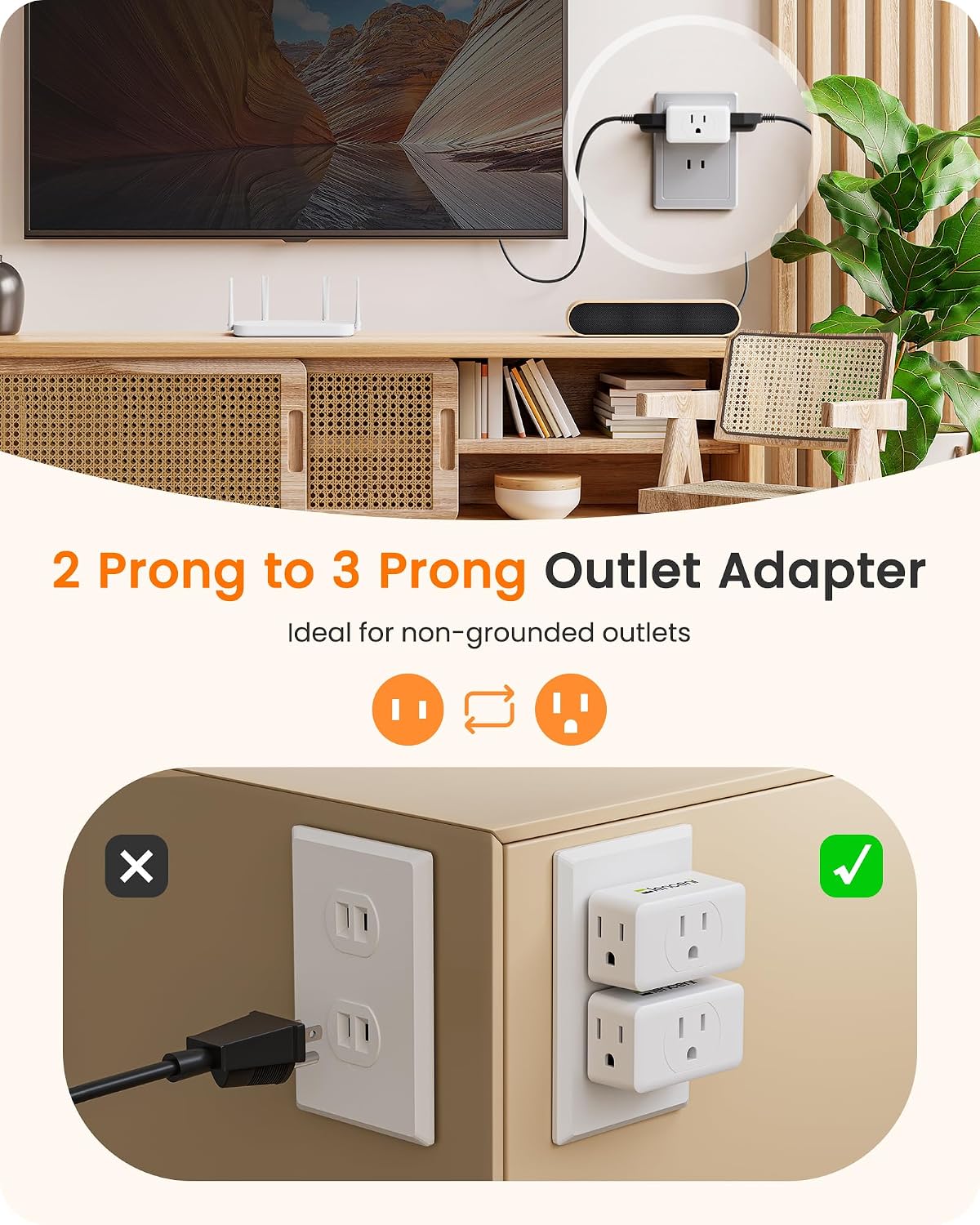 LENCENT 2 Prong to 3 Prong Outlet Adapter, Wall Plug Extender | Multiple Outlet Wall Plug with 3 AC, Non Grounded Outlets Expander for Japan Travel Kitchen Office Older House, 4 Pack