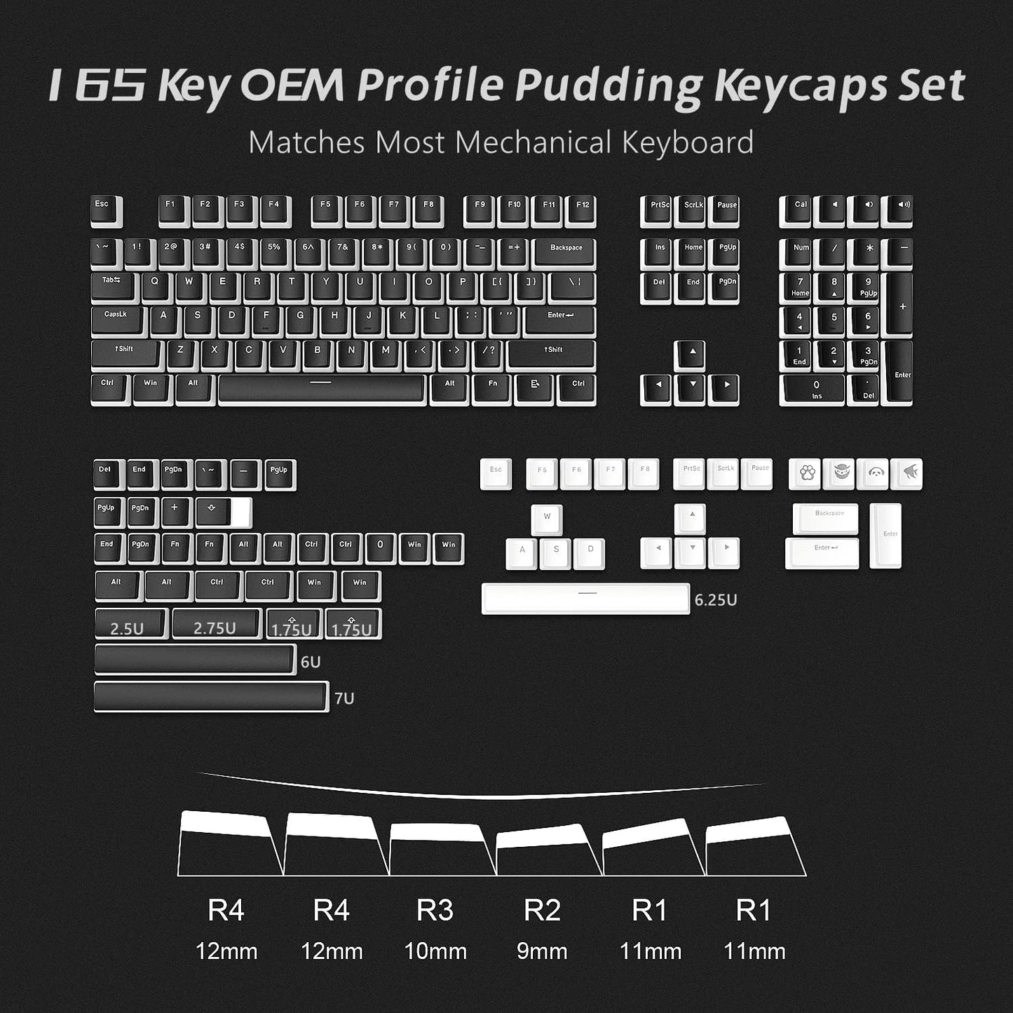 Womier Pudding Keycaps, PBT Shine Through Keycaps Black 164 Keys Set | Custom Key caps Set OEM Profile, Universal Compatiability Mechanical Keyboard Keycaps for 100%, 75%, 65%, 60% Keyboard-Black