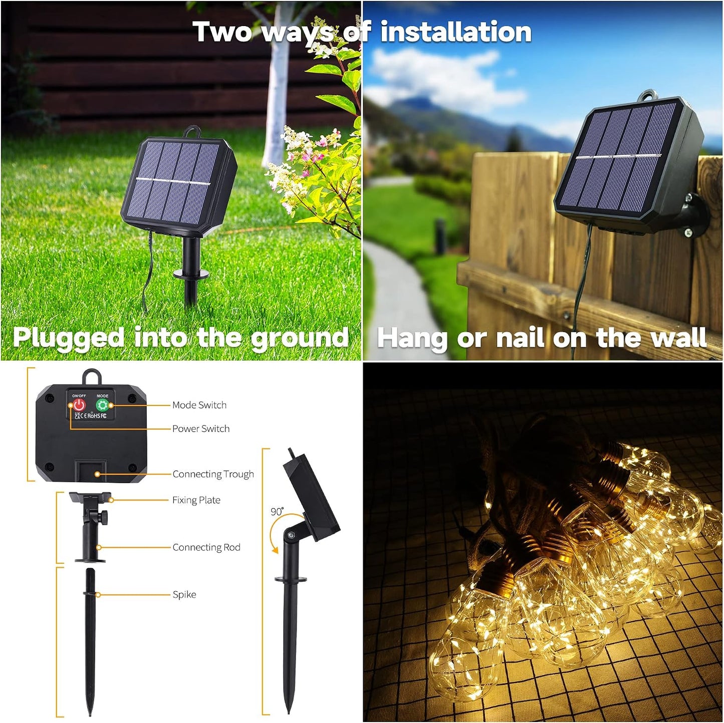 Solar Outdoor String Lights, 20Ft Vintage Rope Hemp Solar Patio Lights | Waterproof Warm White Solar Powered String Lights With 8 Modes 16 Shatterproof Bulbs for Garden Fence Stairs Balcony Bistro