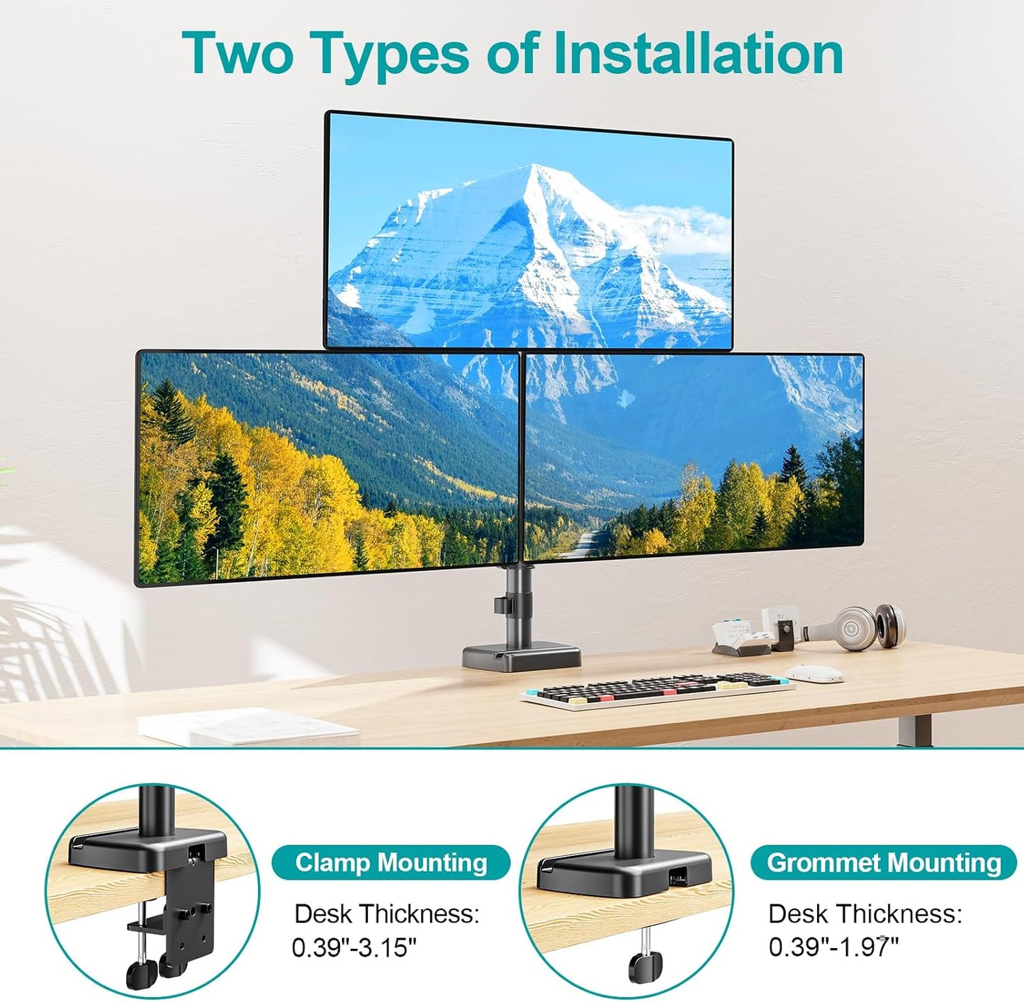 MOUNT PRO Triple Monitor Mount for Max 32" Computer Screen, Adjustable 3 Monitor Desk Mount, up to 19.8lbs Each, Three Display Arm with Tilt Swivel Rotation, VESA Mount 75x75/100x100mm