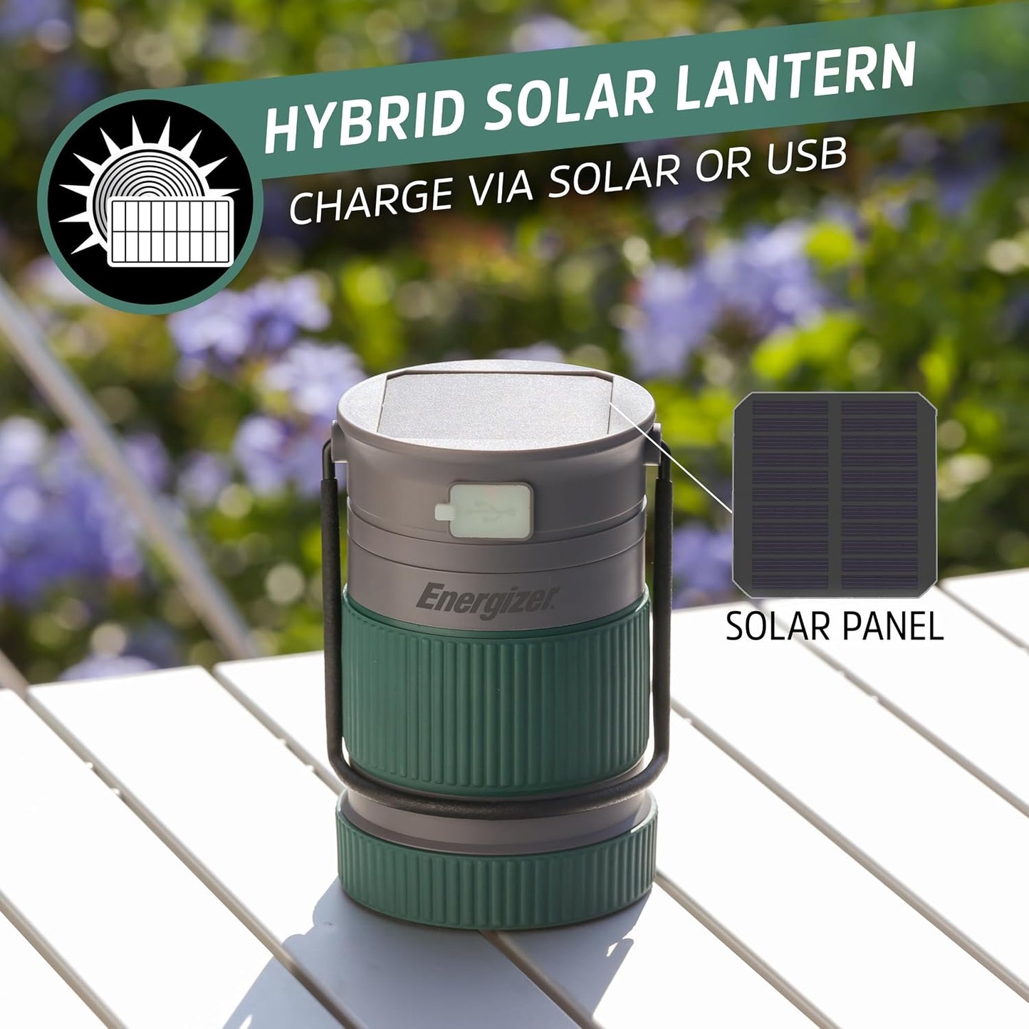 Energizer S-500 Hybrid Power Camping Lantern, Solar, Rechargeable, or AA Battery Powered, IPX4 Water Resistant Bright LED Lantern