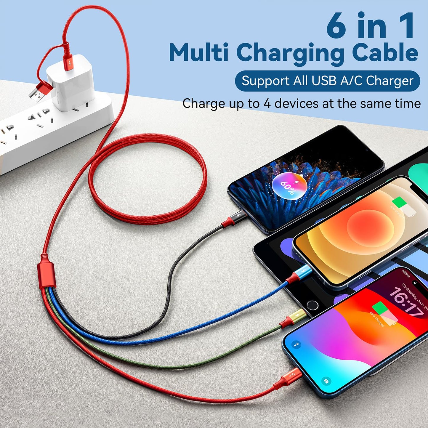 6 in 1 Multi Charging Cable 4A, USBA/C Charging Cords for Multiple Devices | USB A/C Ports Phone Charger Cord, Universal Travel Charger for iPhone17-12/Androids/Pad, Car, Camping and More, 2Pack 6FT