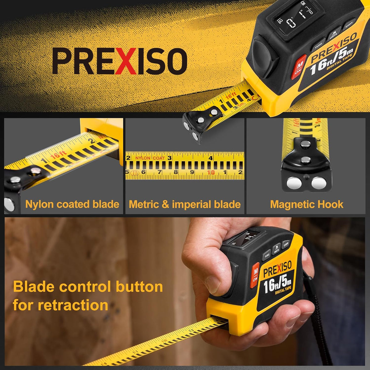 PREXISO 2-in-1 Digital Tape Measure, 16Ft Rechargeable Measuring Tape | Auto Lock Digital Measuring Tape Magnetic, Ft/Ft+in/in/M/CM/MM - Metric & Inch Measurement Tape Pythagorean, Area, Volume
