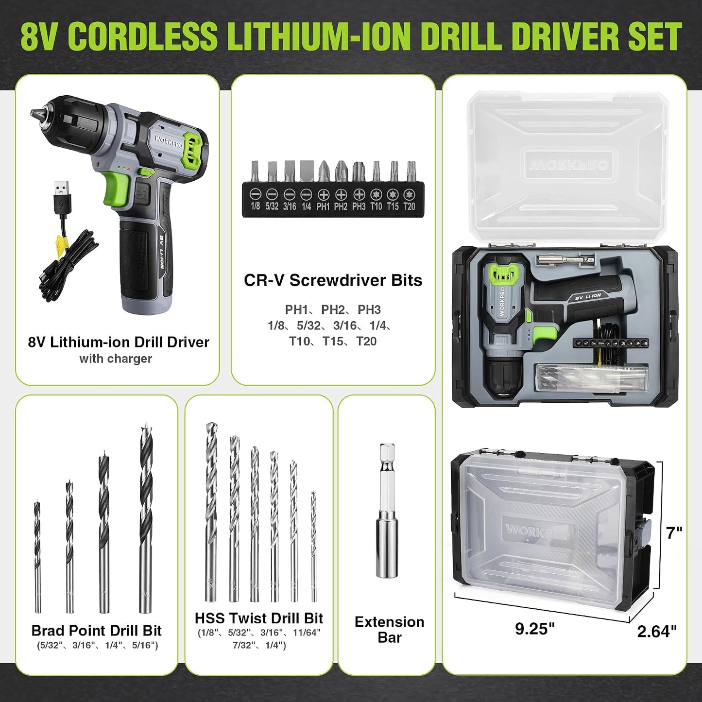WORKPRO Power Drill Bit Set with Tool Box, 8V Cordless Drill Driver | Cordless Screwdriver Kit, 21pcs Accessories, 3/8" Keyless Chuck, 2.0Ah Battery, Portable for DIY