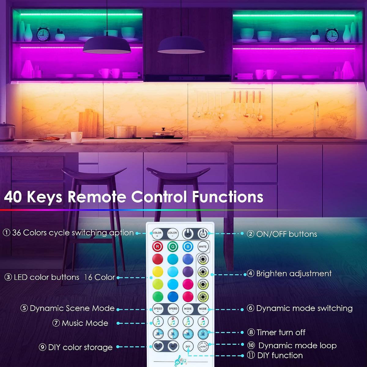 maylit 10 PCS 20In Smart RGB Under Cabinet Lights Kit, Work with Alexa and Google Assistant, App and Remote Control, Music Sync Color Changing, Timer, Dimmable, for Cabinet, Counter, Shelf, Bookcase