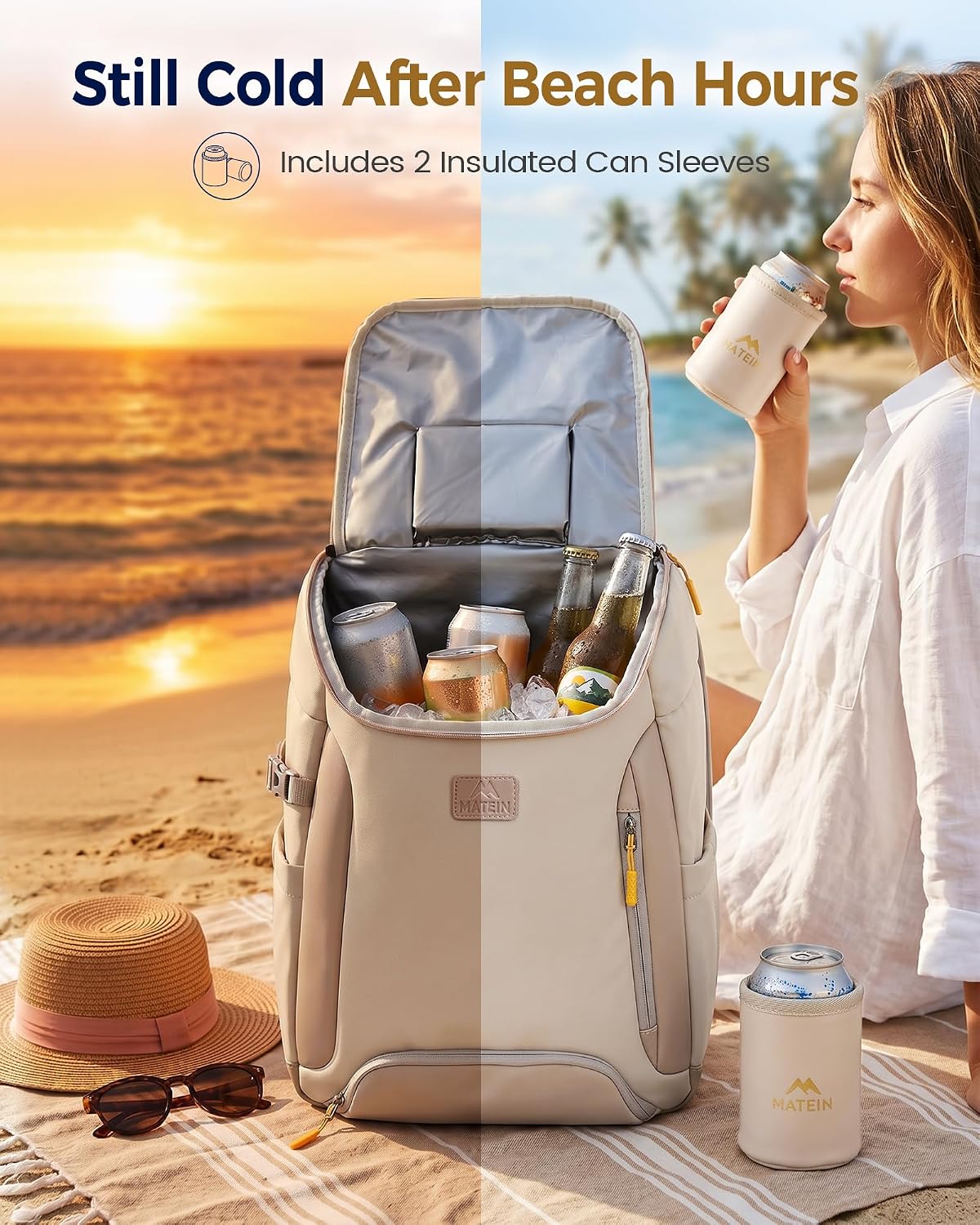 MATEIN HER Cooler Backpack for Women with Hook-and-Loop Top Lid for Beach | Fit 17" Laptop, Insulated Can Sleeves, Leakproof, Waterproof, Backpack Cooler 30 Cans, Soft Lunch Bag, Picnic Camping Travel