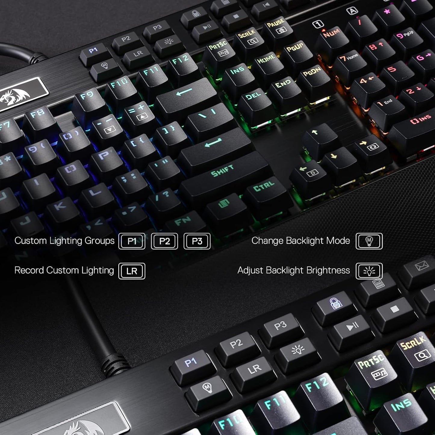 Redragon K550 RGB Gaming Keyboard, 104 Keys + 12 Macro G Keys Wired Mechanical Keyboard w/Aluminum Top Plate, Custom Clicky Purple Switch, Extra USB Port & Wrist Rest