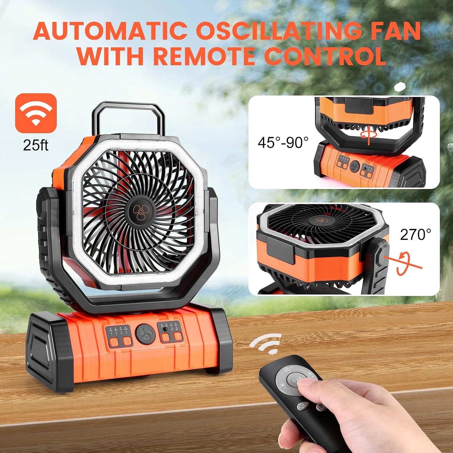 Odoland 30000mAh Camping Fan with LED Lantern, Rechargeable Battery Fan | Operated Oscillating Fan with Remote & Hook, Portable Tent Fan with Timer, 4 Speeds for Outdoor Camp RV Power Outage, Orange