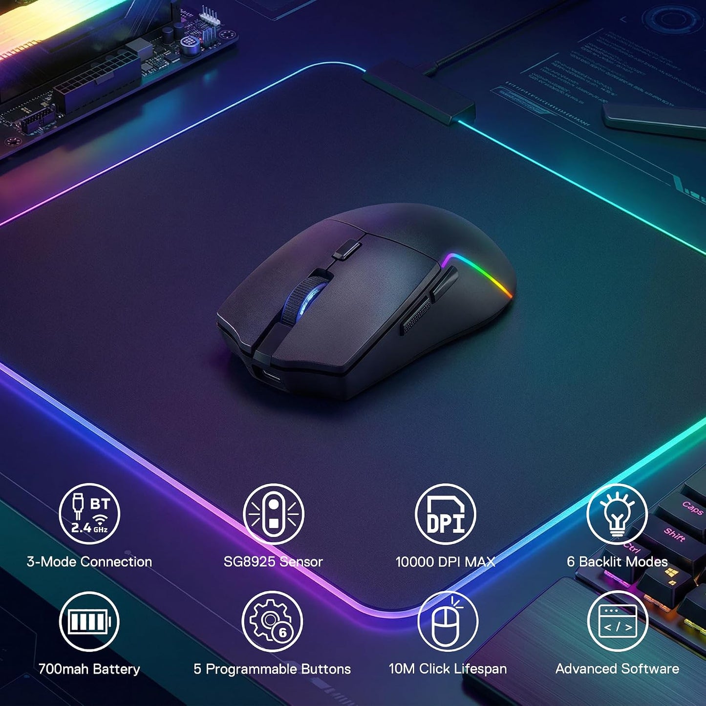 Redragon M730 PRO Wireless Lightweight RGB Gaming Mouse 10000 DPI | Cable-Free 0 Delay, Redefine Keybinding Macro, Vibing Backlight, Ergonomic Grip Body Comfort