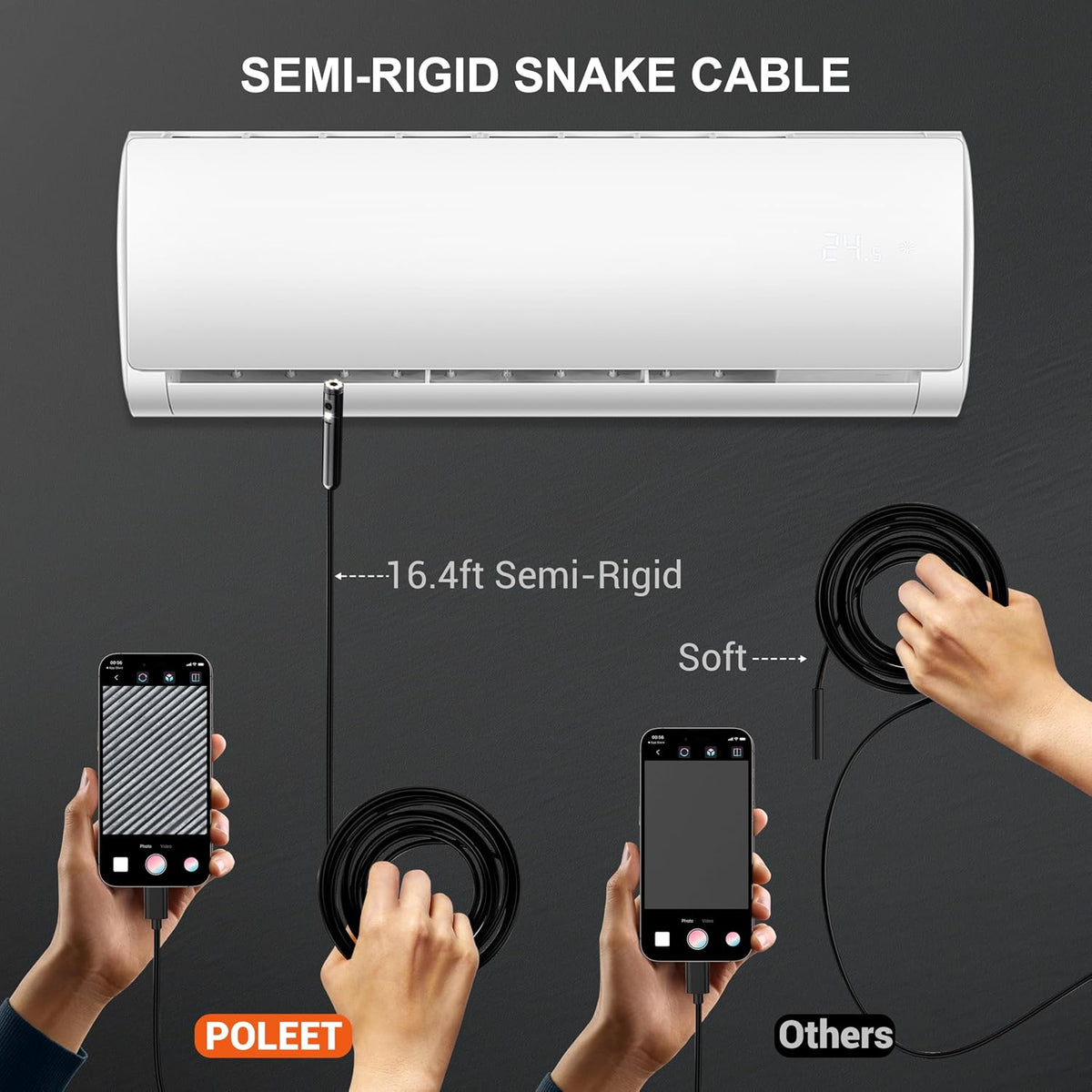 Dual-Lens Endoscope Camera with Light, 1920P HD Borescope Inspection Camera | IP67 Waterproof Endoscope with 8+1 Adjustable LED Lights and 16.4FT Semi-Rigid Snake Cable for iOS and Android