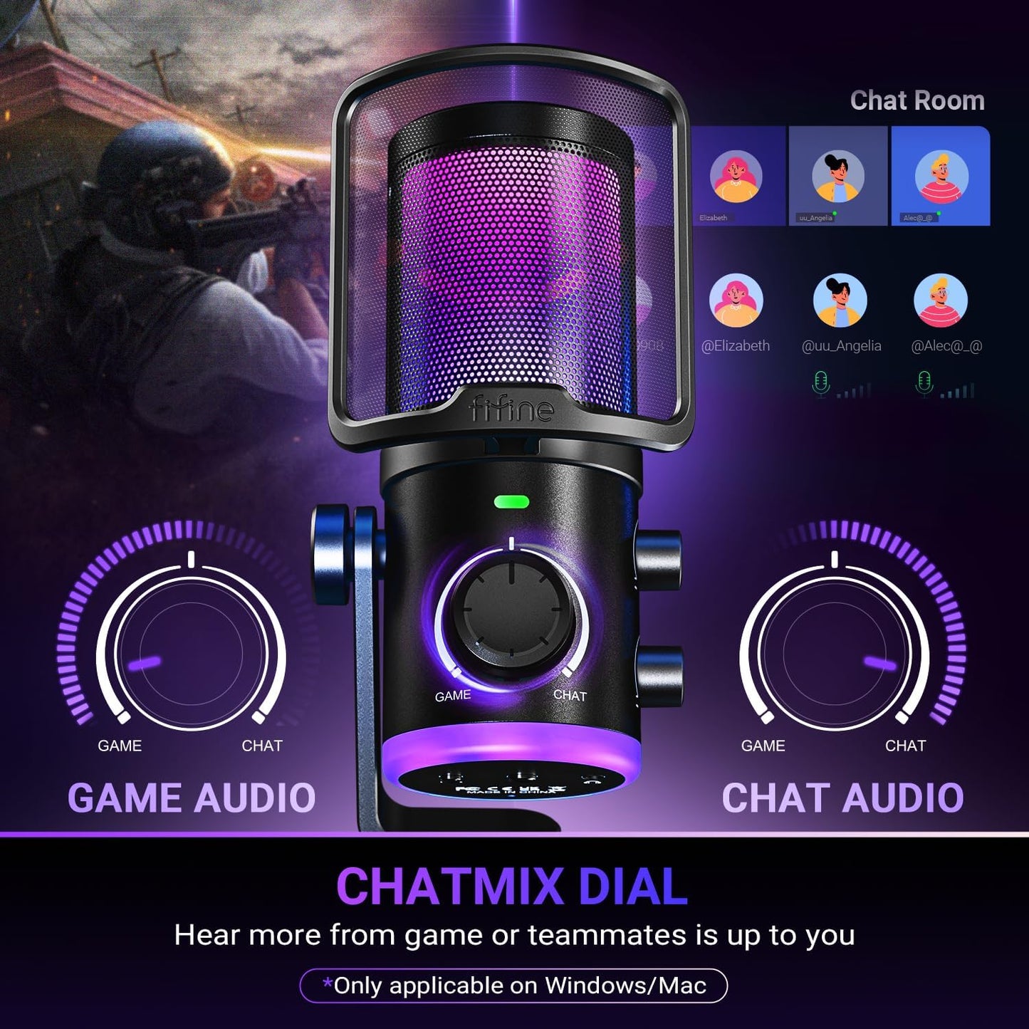 FIFINE AmpliGame AM6T Gaming USB Microphone Kit, Condenser Mic for PC/PS5 | Noise Cancellation, ChatMix Dial, Quick Mute, RGB Control, Gain Knob, Boom Arm, Monitoring, for Streaming Twitch Podcast