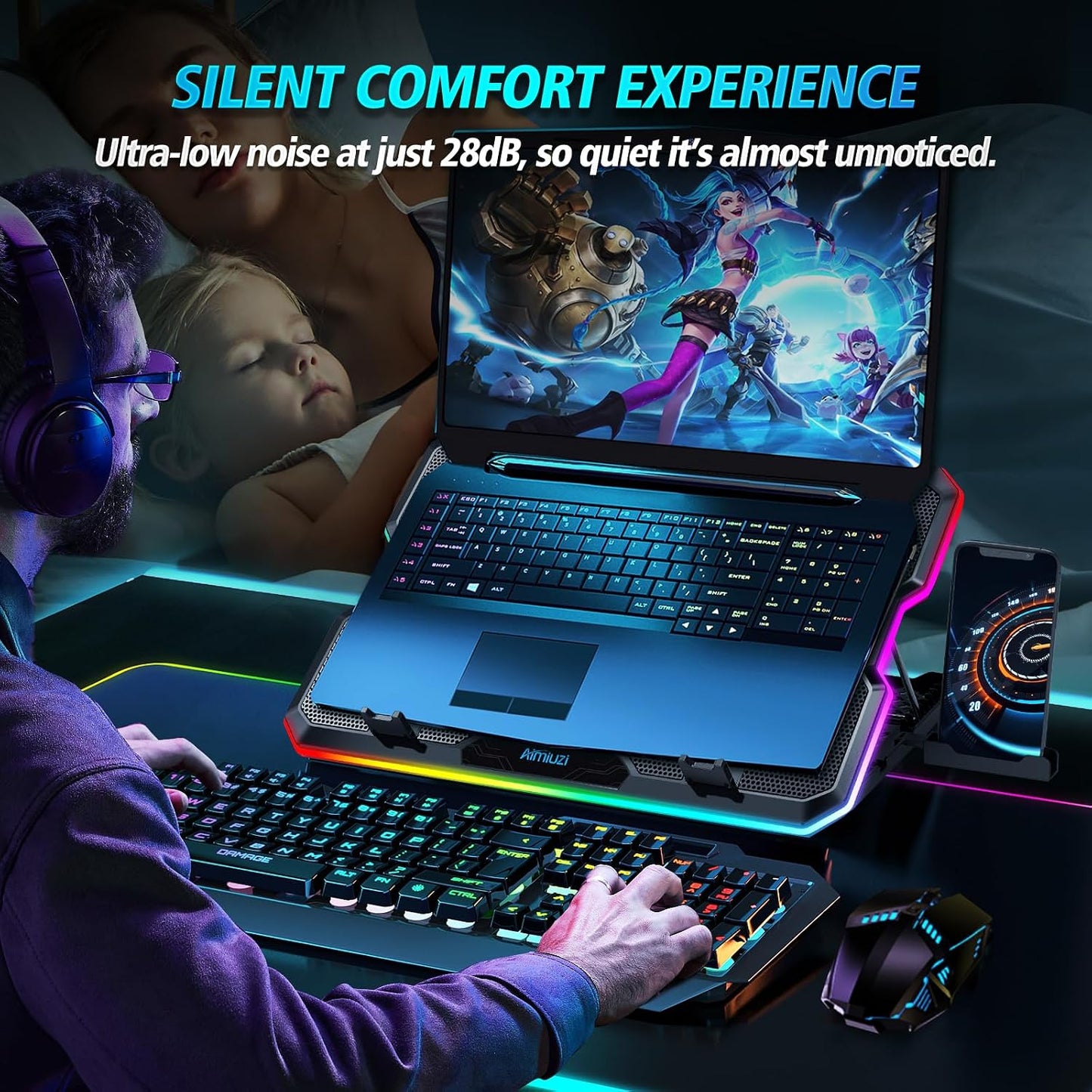 AIMIUZI Gaming Laptop Cooling Pad, Laptop Cooler with 15 Quiet Fans for 12-17.3 Inch Notebook, Slim Portable Laptop Cooling Stand with 7 Height Adjustable, 2 USB Ports, Phone Stand