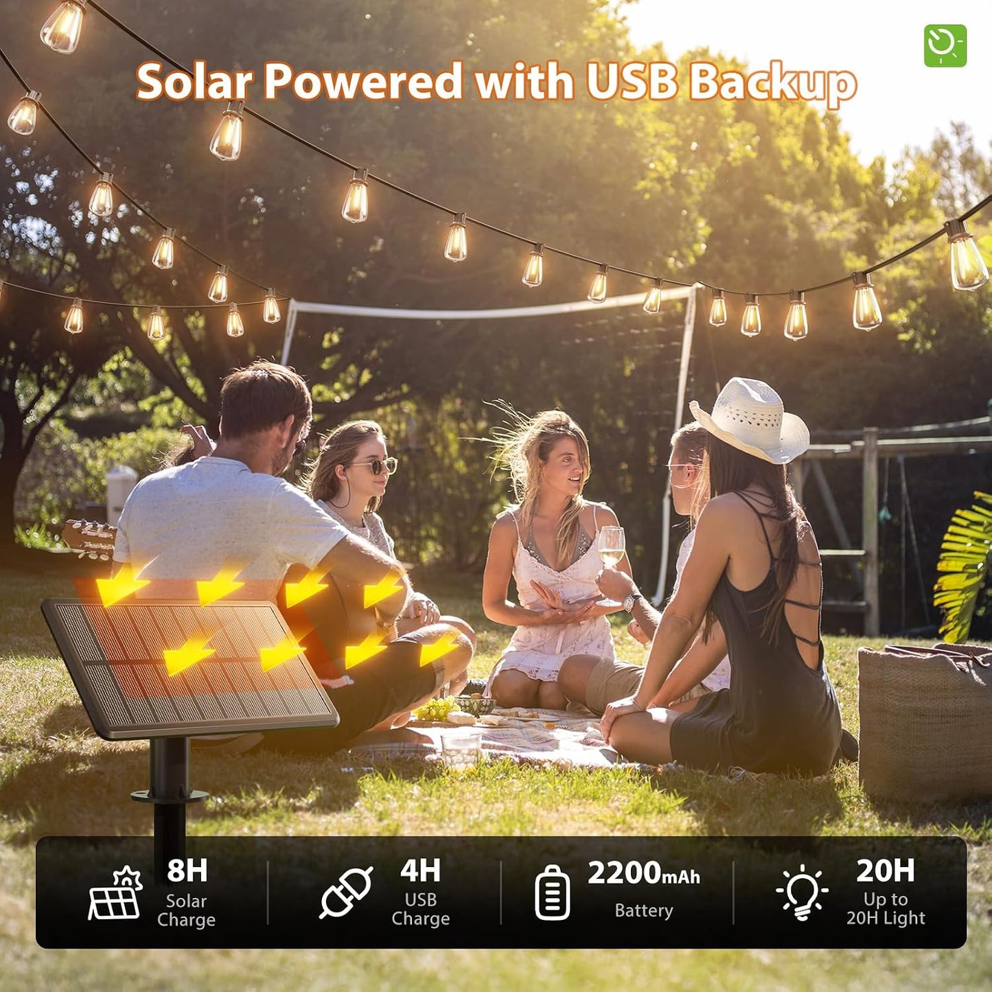 KYY 54FT Solar String Lights Outdoor Waterproof with USB Charging & Remote | Dimmable & Timable, Solar Powered Patio Lights with LED Shatterproof Bulbs for Deck Backyard Porch Garden Camping