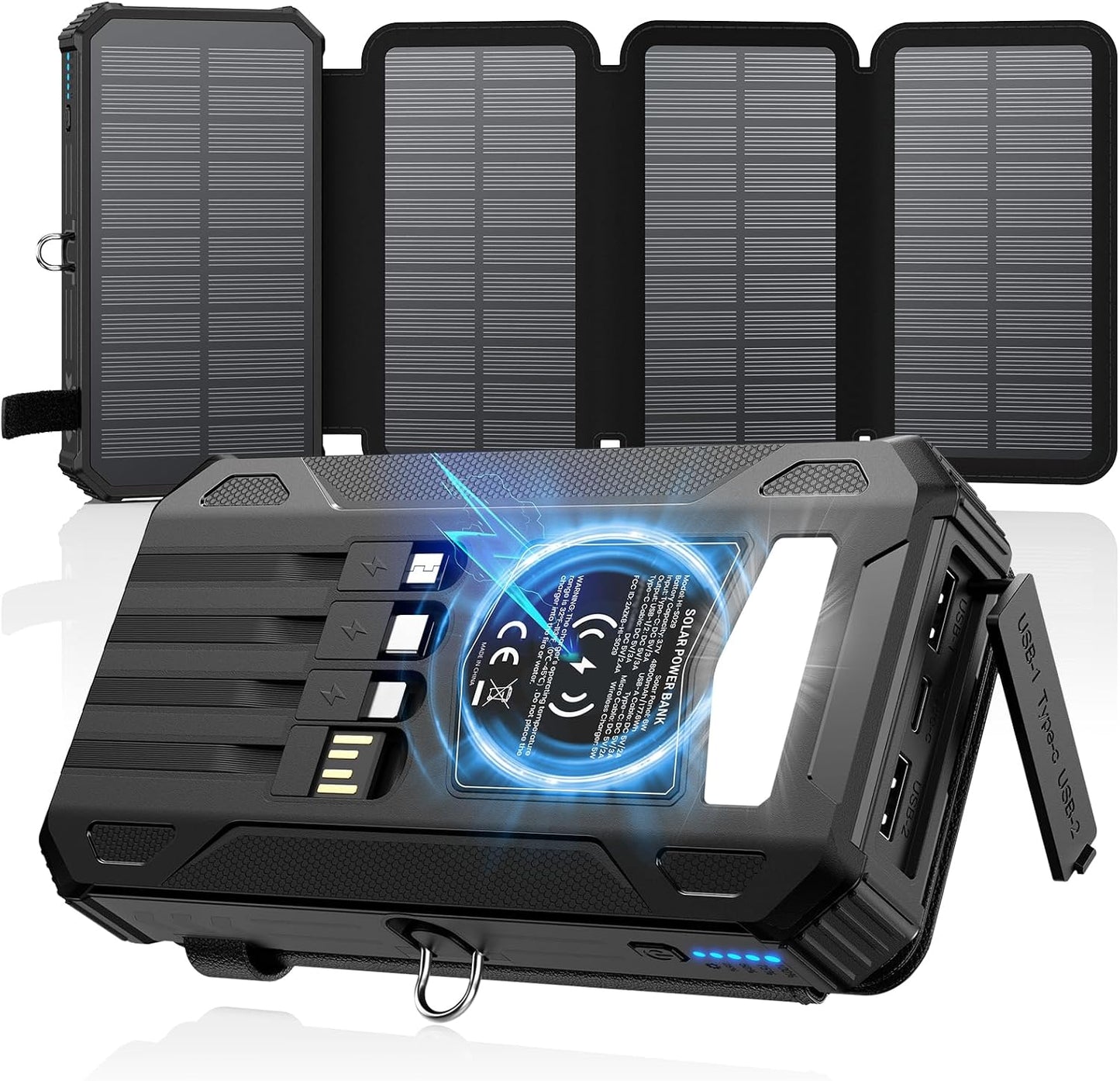 SOARAISE Solar Power Bank 48000mAh Wireless Battery Pack with 4 Cables | Solar Charger with 4 Solar Panels, Built in 4 Cables, PD QC 3.0 Fast Charging, Flashlight for Camping Travel, Rugged Design
