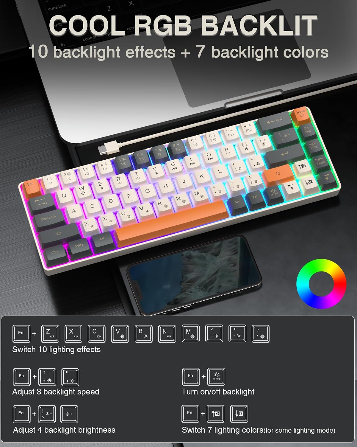 CORBOBO 60 Percent Keyboard,RGB Backlit Gaming Keyboard USB-C Wired,Portable 68 Keys Compact Mini Keyboards for Business Trips,Office,PC Games (SK968,Grey&Orange)