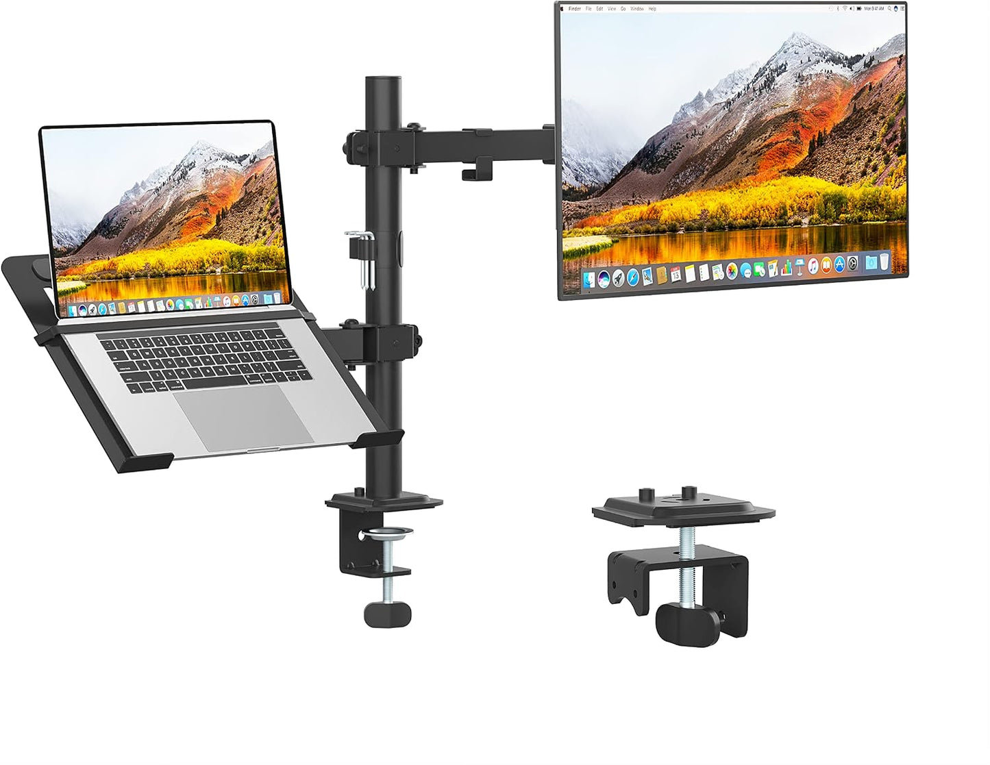 Monitor and Laptop Mount for 13"-27" Screens and Notebook up to 17 inch | Monitor Arm with Vented Tray, Fully Adjustable Laptop Mount Stand Holds up to 17.6lbs, VESA 75/100mm