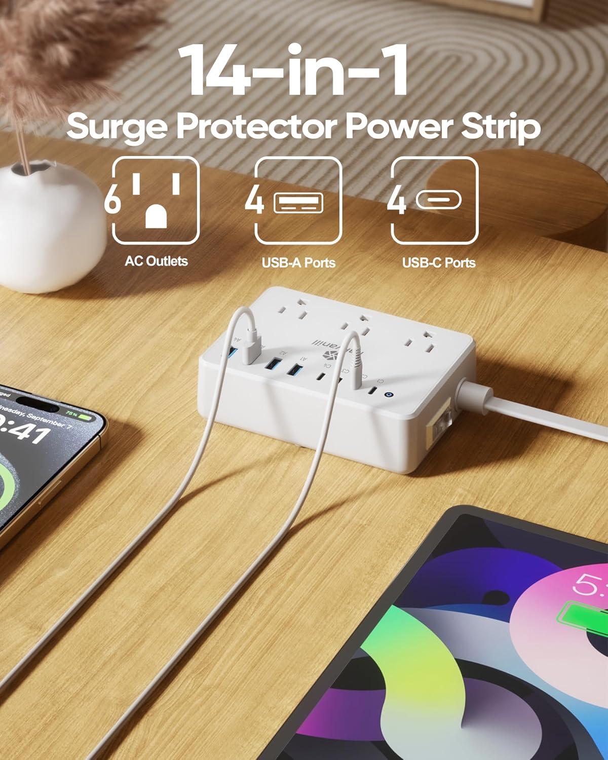 Kakyanill 100W Charging Station, Power Strip with 6 AC Outlets 8 USB Ports | Surge Protector, 5ft Flat Plug Extension Cord, Compact for Desk Home Office Dorm, White