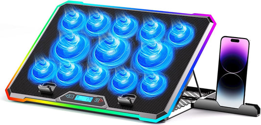Gaming Laptop Cooler with 13 Ultra Quiet Fans, LCD Screen and Multi Color RGB - 10 Lighting Modes, 9 Adjustable Heights, Dual USB Ports, Built in Phone Holder for 15 to 21 Inch Laptops on Desk or Lap