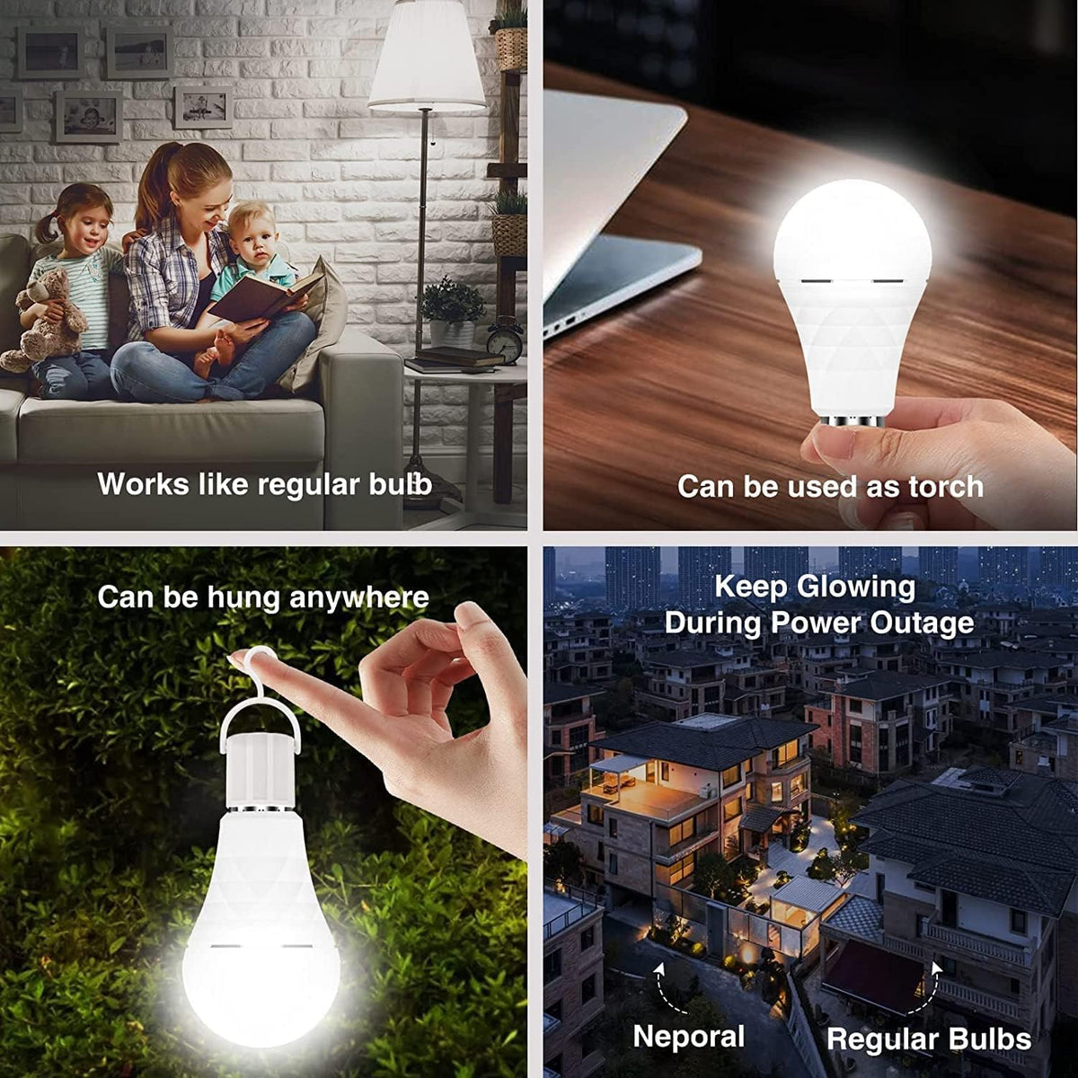 Neporal A19 Rechargeable Light Bulbs Emergency Light Bulb for Power Outages, Led Bulb 60 Watt Equiv., Self-Charging Light Bulb 1200mAh Battery Backup Light Bulbs for Daily, Emergency Use (Daylight)