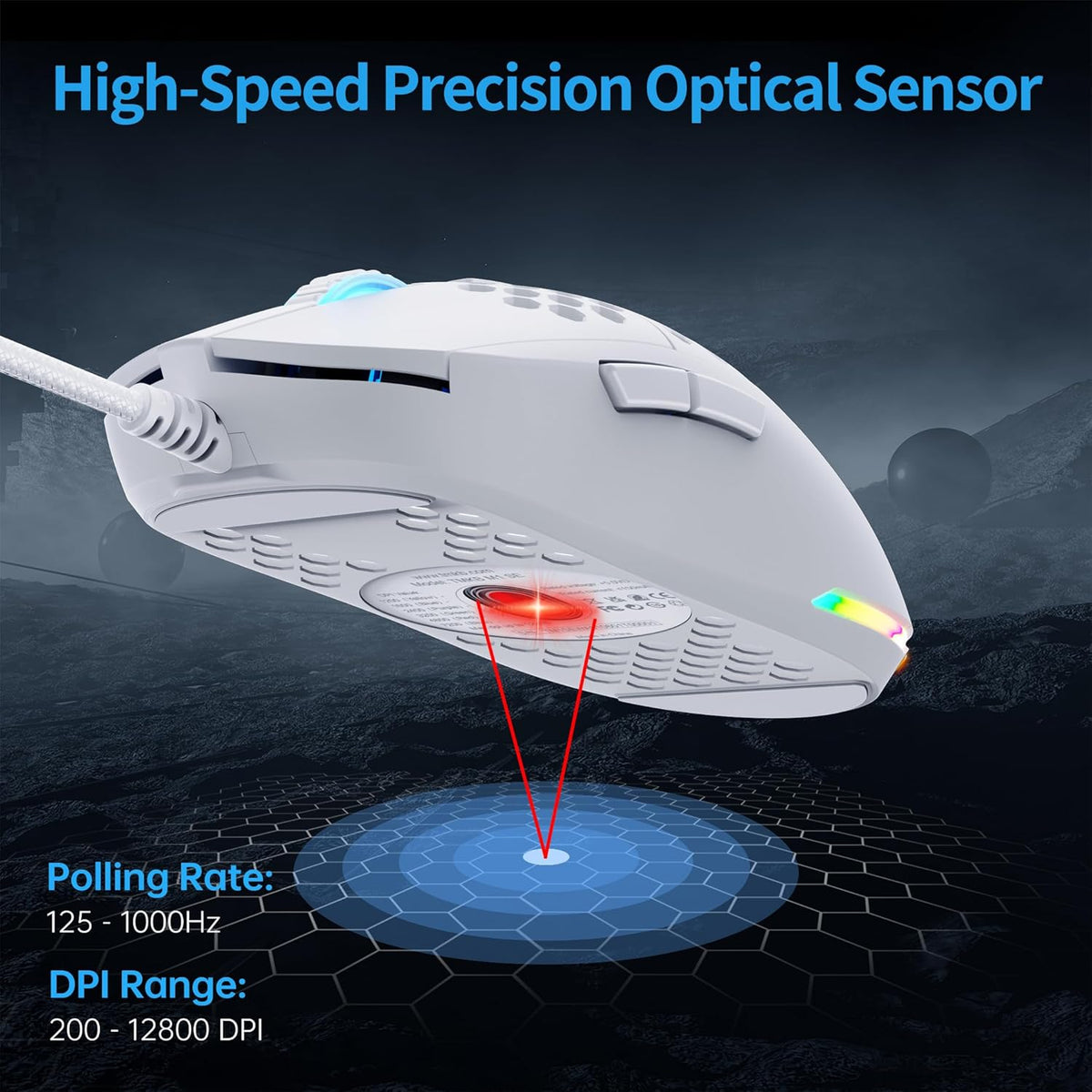 TMKB Falcon M1SE White Gaming Mouse, Wired, Lightweight Honeycomb, 12800DPI | High-Precision Optical Sensor, 6 Programmable Buttons, Customizable 16.8M RGB, Ergonomic, Drag-Free Paracord, PTFE Skates