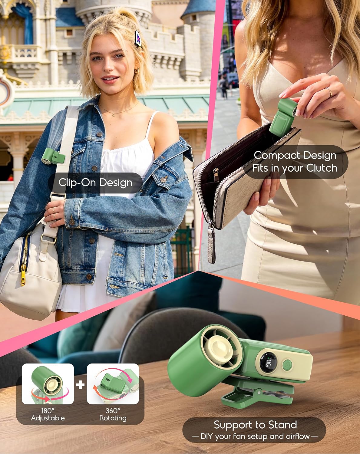 Clip-On Portable Fan for Strollers Travel, Rechargeable Turbo Personal Fan | Clip to Bag Strap Hat Stroller Shirt Desk Car Seats, Small 4 Speed 360° Rotate, Led Display, Turbo 13500RPM, Travel Essential
