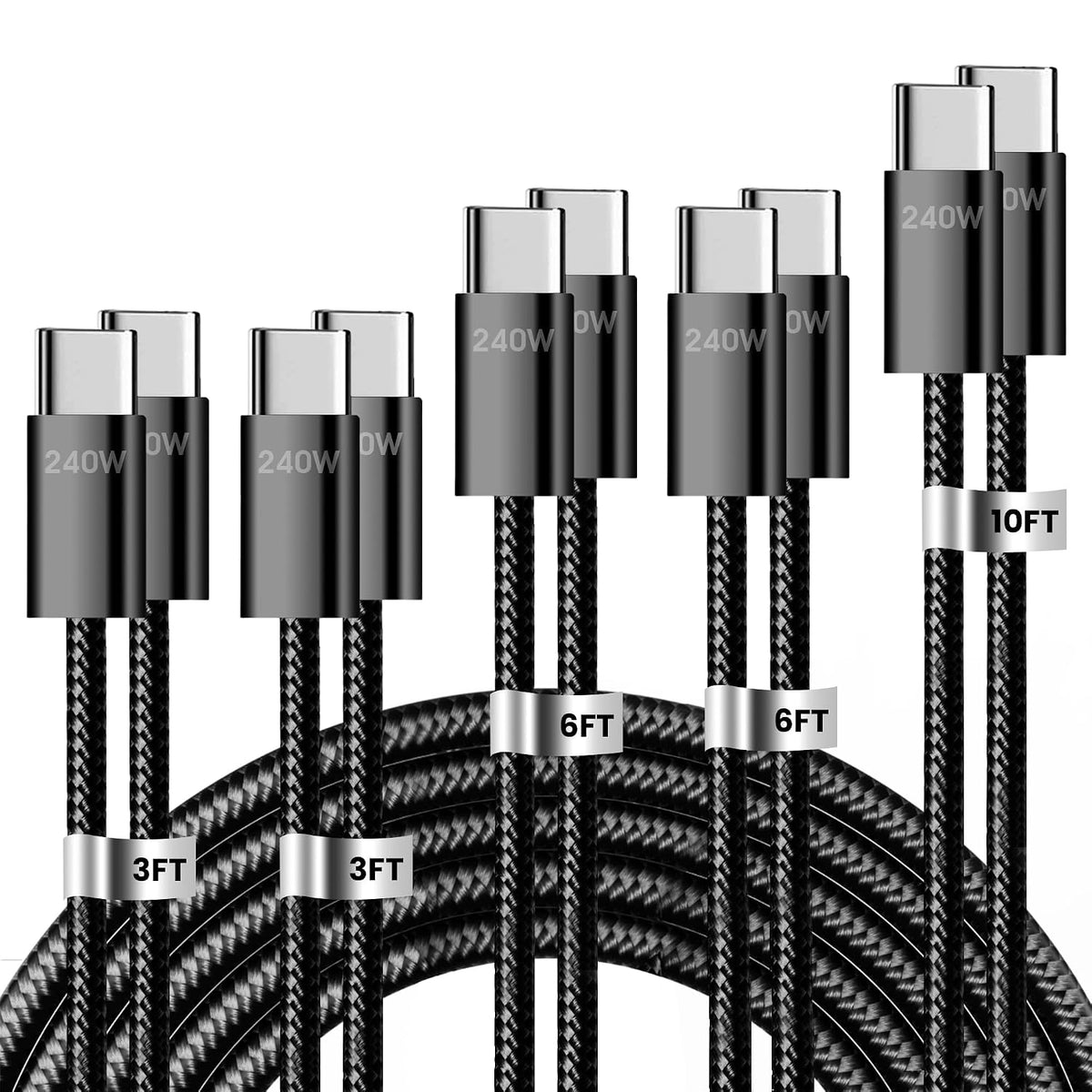 240W USB C to USB C Cable, 5 Pack Braided Type-C Fast Charging Cord(Black)