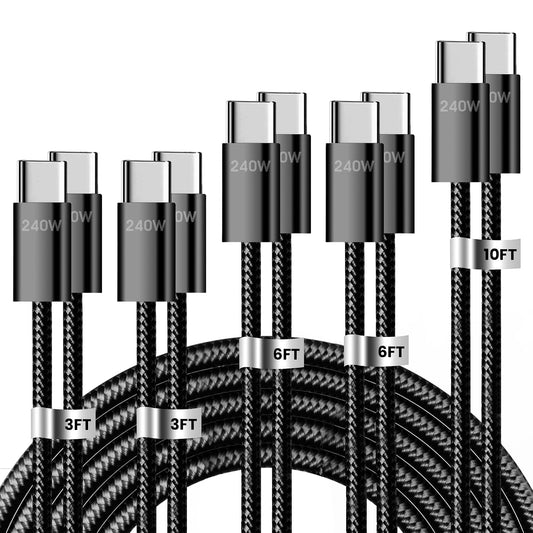 240W USB C to USB C Cable, 5 Pack Braided Type-C Fast Charging Cord(Black)