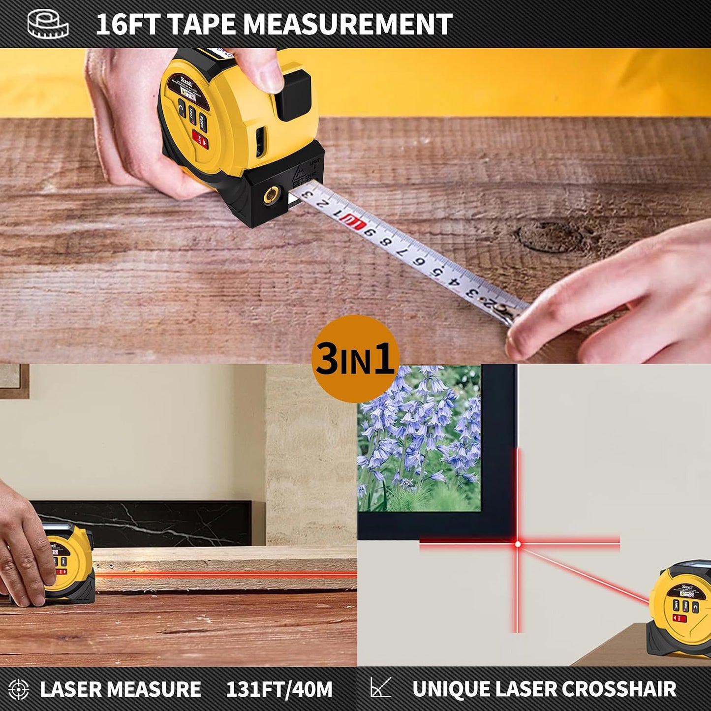 Laser Tape Measure 3 in 1 Laser Rangefinder Tape Measure | 131ft Laser Distance Meter & 16ft Tape Measure for Home Diy Pythagorean, Area, Volum, Multi-Unit Conversion (Ft/Ft+in/in)