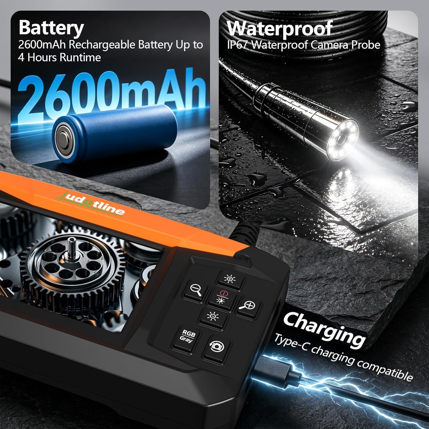 Inspection Camera with Screen, 8 LED Borescope Camera, IP67 Waterproof | Color & B&W Dual View, 2600mAh Rechargeable, Type-C Charging, 1M/5M Flexible Cable for Auto, Pipe & Wall Inspection