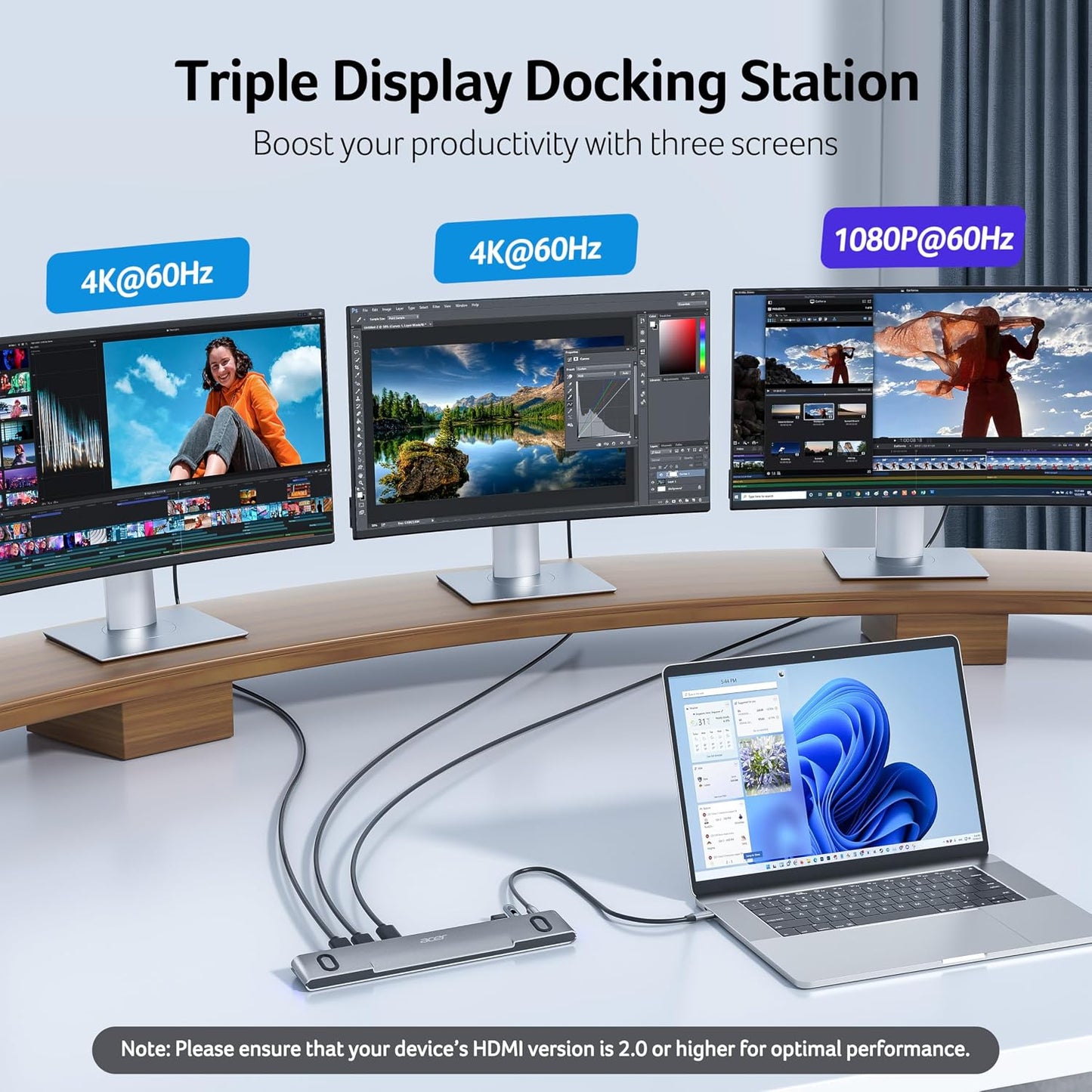 Acer Docking Station 3 Monitors, 11-in-1 Laptop Docking Station Stand with DP 8K + Dual HDMI 4K@60Hz, Ethernet, 10Gbps Data, 100W PD, SD/TF, USB C Dock with Detachable Cable for Acer/Dell/Mac/HP