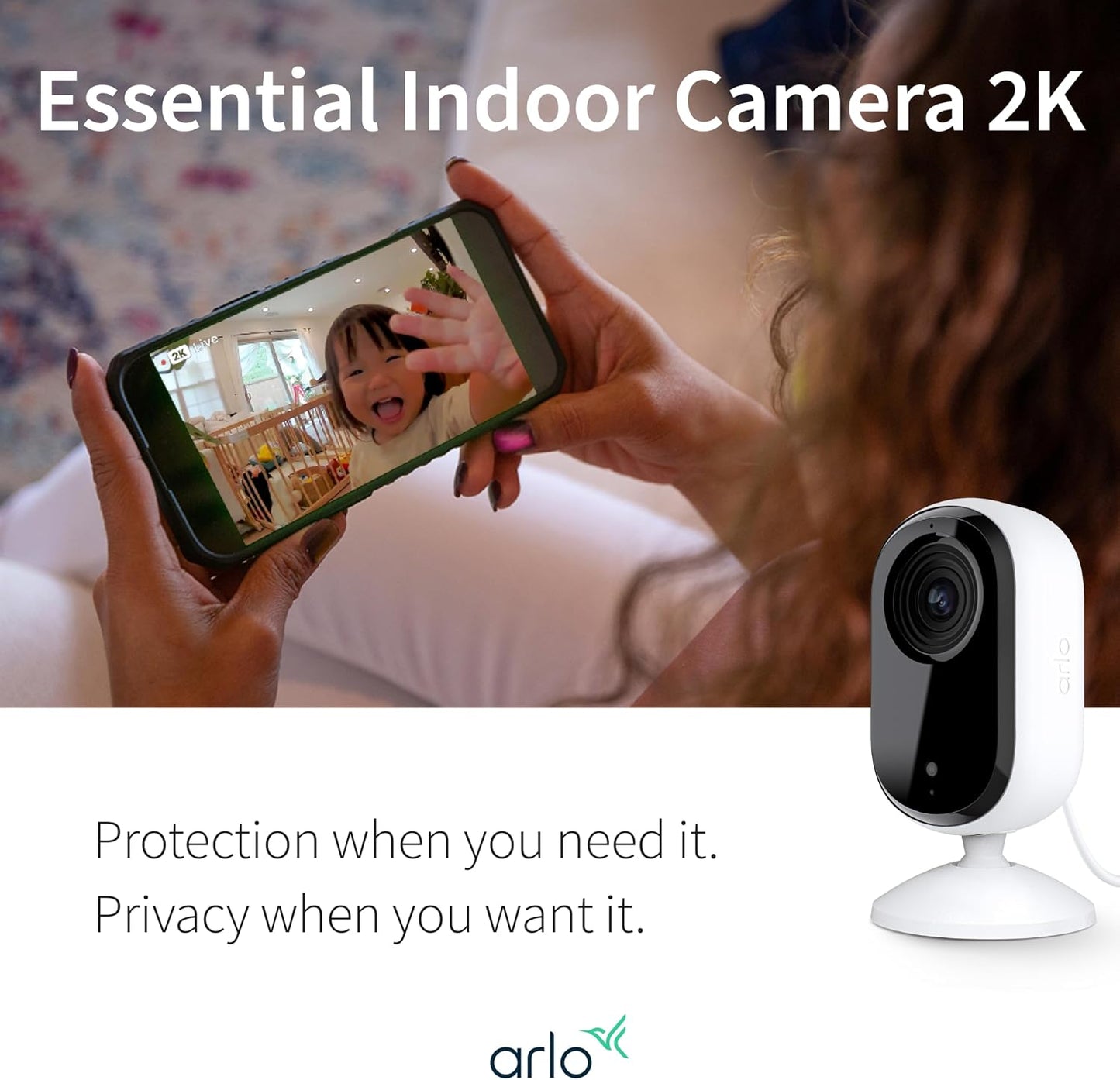 Arlo Essential Indoor Security Camera 2K (2nd Gen, 2023 Release) - Wired Plug-in Power, Person Recognition, Animal Detection, 1-Month Trial of Secure Plan, Automated Privacy Shield, 1 Cam, White