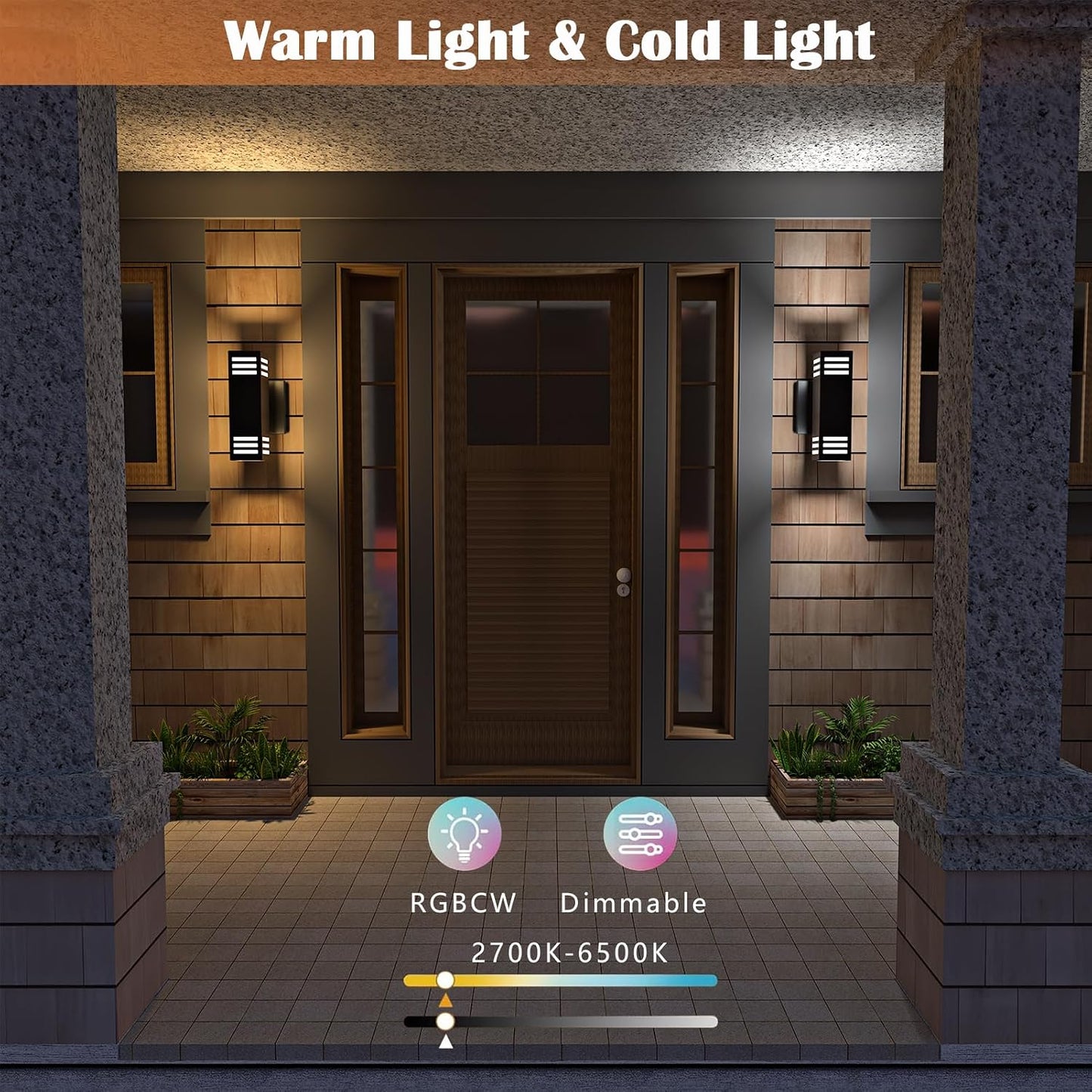 iYogaled RGB Smart Outdoor Wall Lights, 2 Pack Front Porch Light Fixtures, Square Color-Changing Wall Sconce with E26 Base, IP65 Waterproof Up and Down Lights with APP/Voice/Remote Control.