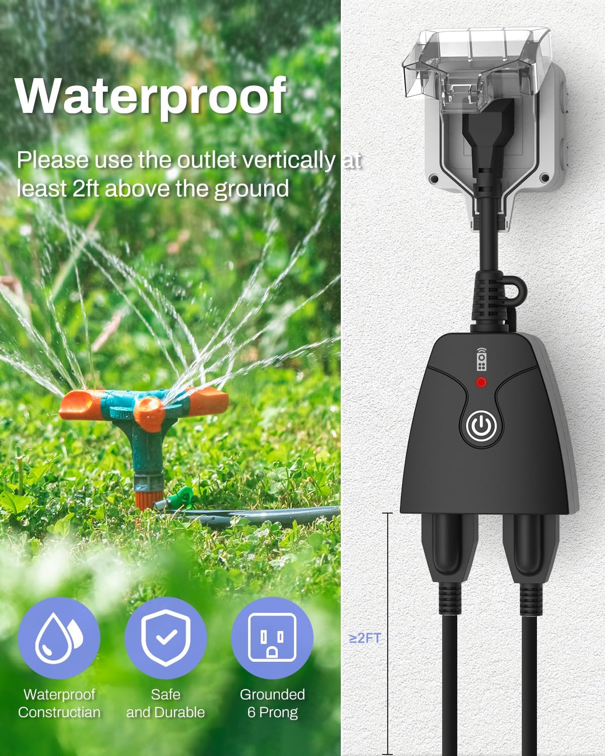 HBN Remote Control Outlets Outdoor Waterproof Indoor Wireless Light Switch | 3-Prong Dual Plugs In On Off Remote Outlet with 1 Outlet 1 Remote (Battery Included),6 Inch Cord, 100FT,15A/1875W, ETL Listed