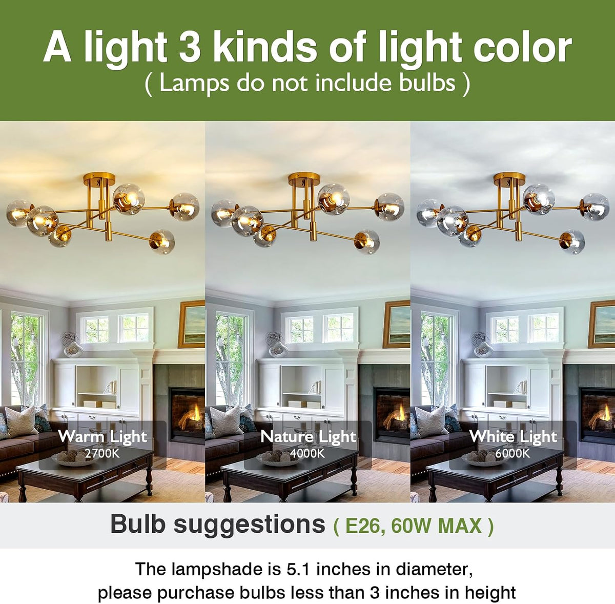 6-Lights Glass Globe Chandelier Modern Flush Mount Ceiling Light Fixture Gold Farmhouse Lighting for Dining Room Living Room Bedroom Kitchen Passageway.