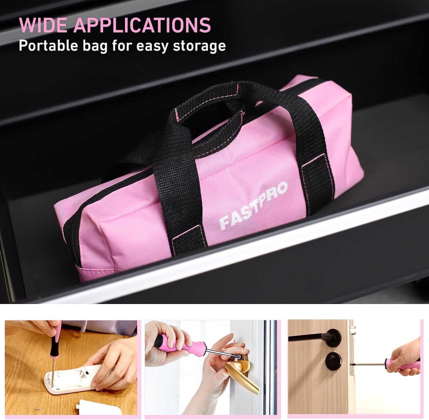 FASTPRO 12-Piece Pink Magnetic Screwdrivers Set with Storage Bag | 4 Phillips & 4 Slotted Tips, 4 Precision Screwdrivers, CR-V Steel, Ergonomic Handles, Home Repair Tool Kit for Women