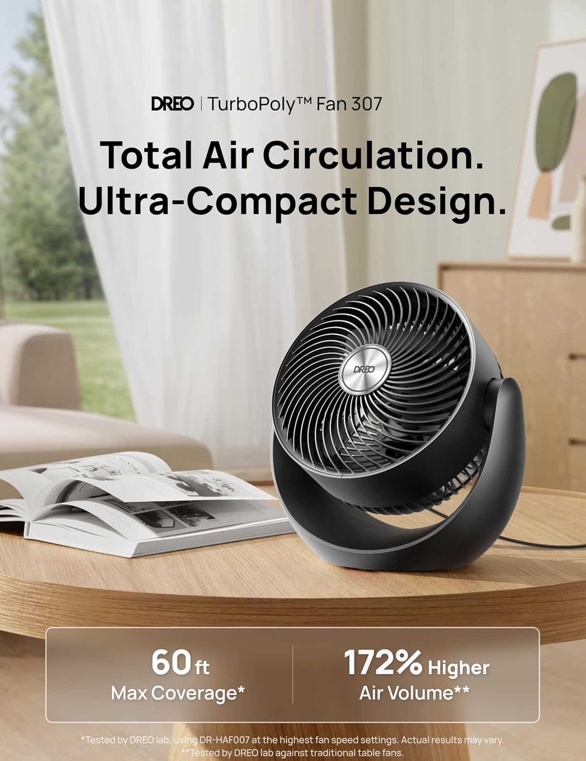 DREO Fan for Bedroom, Table Air Circulator for Whole Room, 11 Inch, 60ft Strong Airflow, 120° adjustable tilt, 20db Low Noise, Quiet, 3 Speeds, Desk Fan for Home,Office, Kitchen