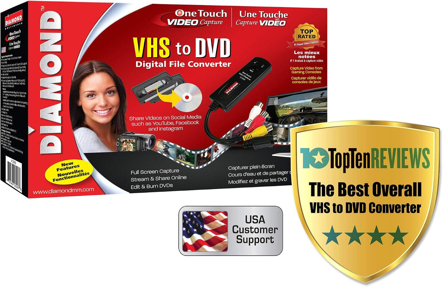 Diamond Multimedia VC500 One Touch VHS to Digital Converter – Capture & Convert VHS to Digital Files or DVD, Easy-to-Use Software, Windows 11,10 & Mac Compatible