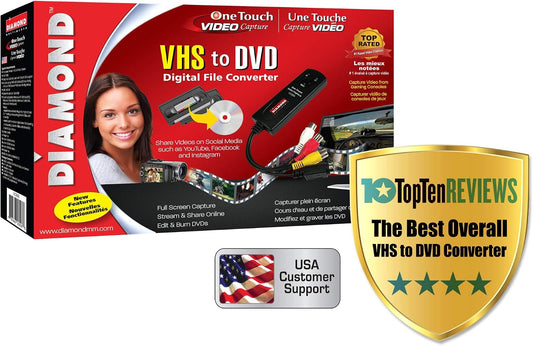 Diamond Multimedia VC500 One Touch VHS to Digital Converter – Capture & Convert VHS to Digital Files or DVD, Easy-to-Use Software, Windows 11,10 & Mac Compatible