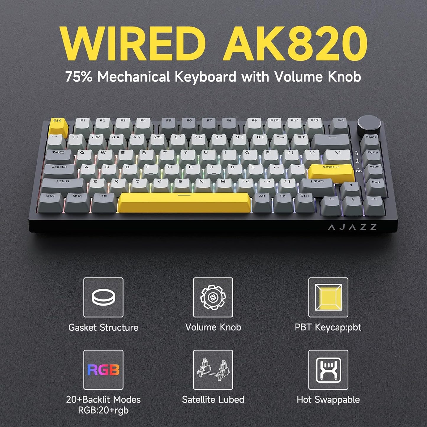 Ajazz AK820 TKL 75% Hot Swappable Mechanical Keyboard with Volume Knob, Gasket Mount Wired Gaming Creamy Keyboard, Pre-lubed Linear Switch, South-Facing RGB, PBT Keycaps