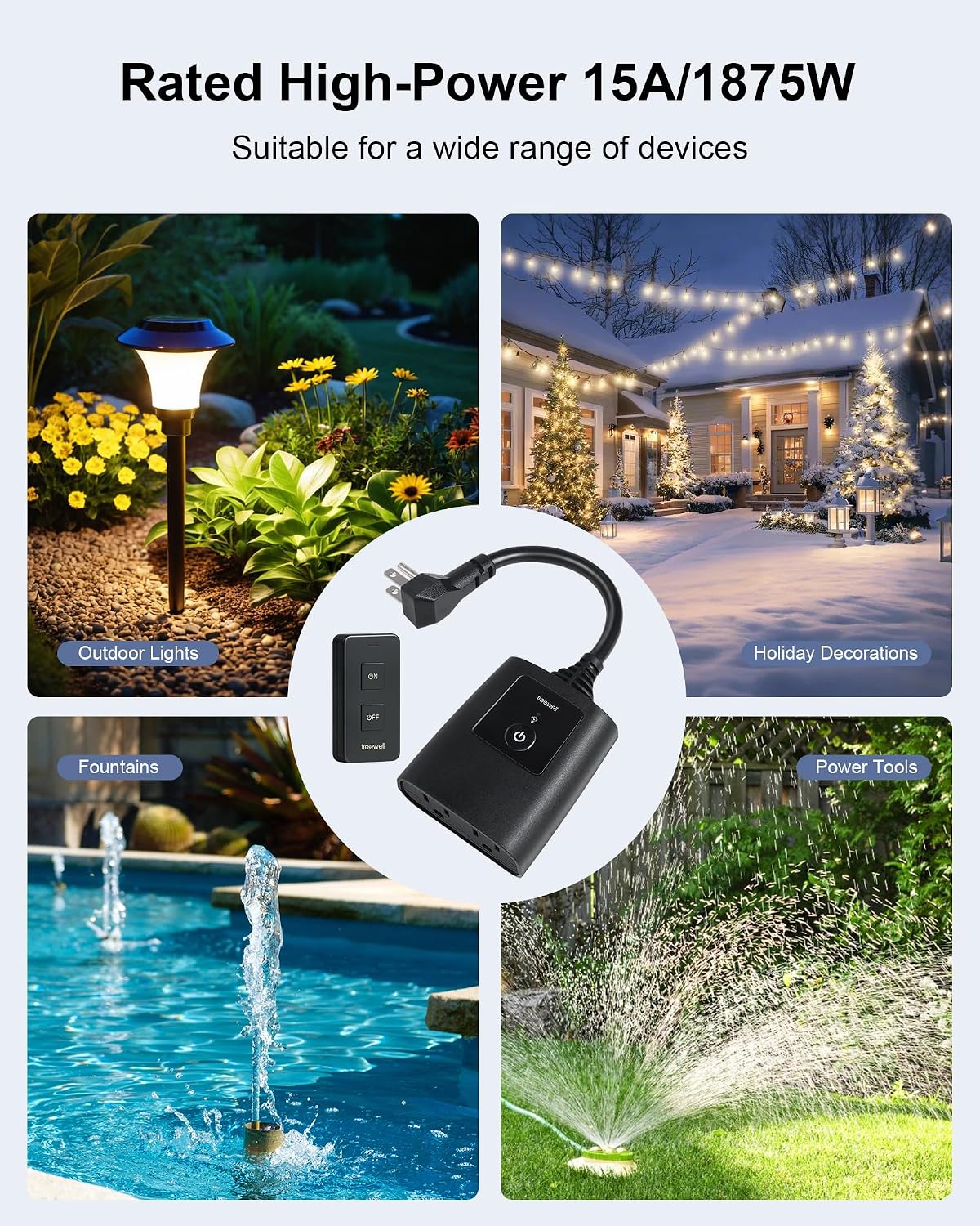 Outdoor Remote Control Outlet with Portable Magnetic Switch | 200FT Wireless Range, 15A/1875W Heavy Duty, Weatherproof for Lights, Fountains, Pumps, Household Appliances, ETL & FCC Listed