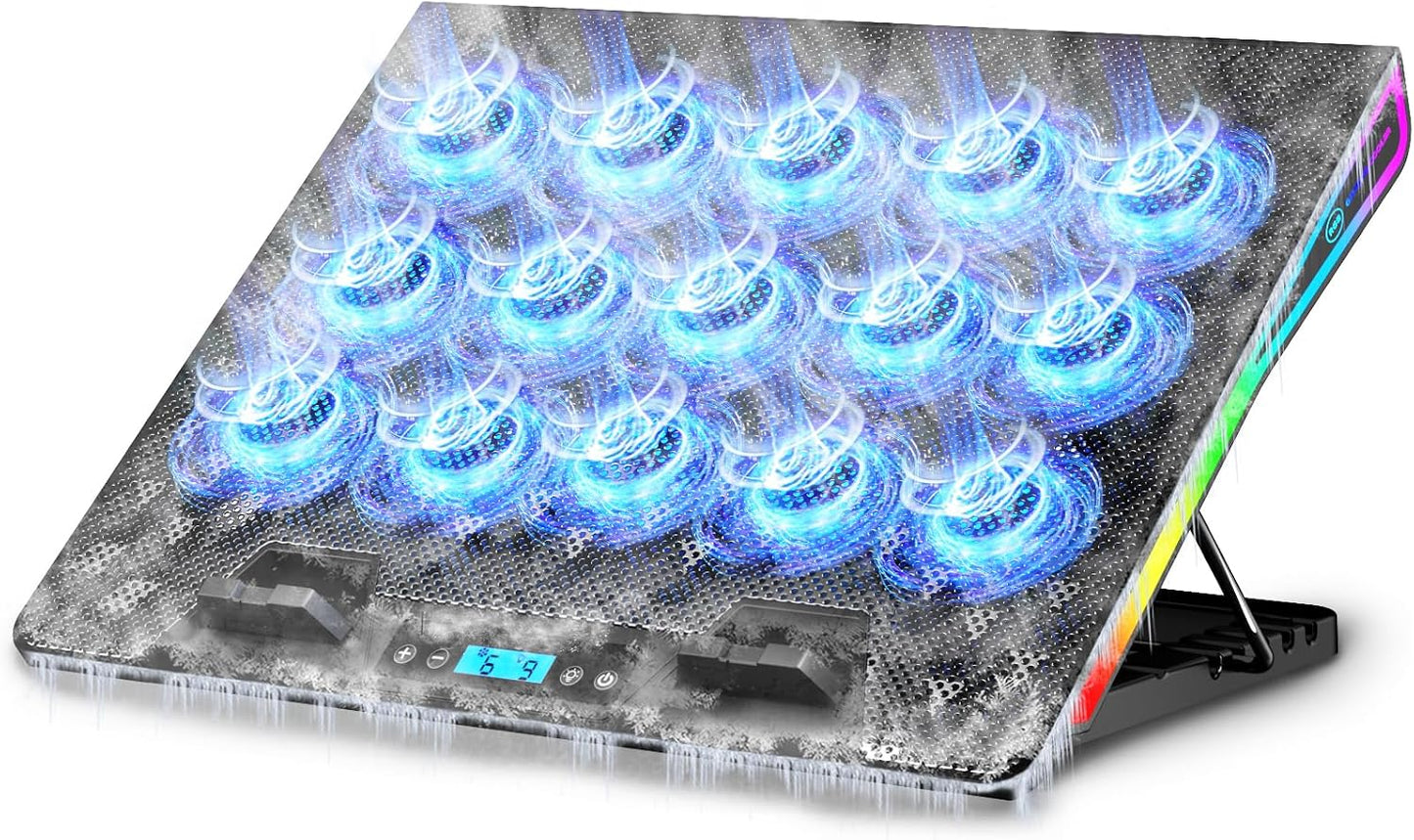 AICHESON Laptop Fan Cooling Pad 15 Fans for Up to 18 inch Gaming Laptops | RGB Lights, Ultimate Ergonomic Computer Stand Base with Silent Fans for 15-18 Inch Laptops, Blue LED Lights, 2 USB Ports