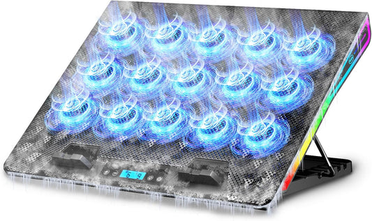 AICHESON Laptop Fan Cooling Pad 15 Fans for Up to 18 inch Gaming Laptops | RGB Lights, Ultimate Ergonomic Computer Stand Base with Silent Fans for 15-18 Inch Laptops, Blue LED Lights, 2 USB Ports