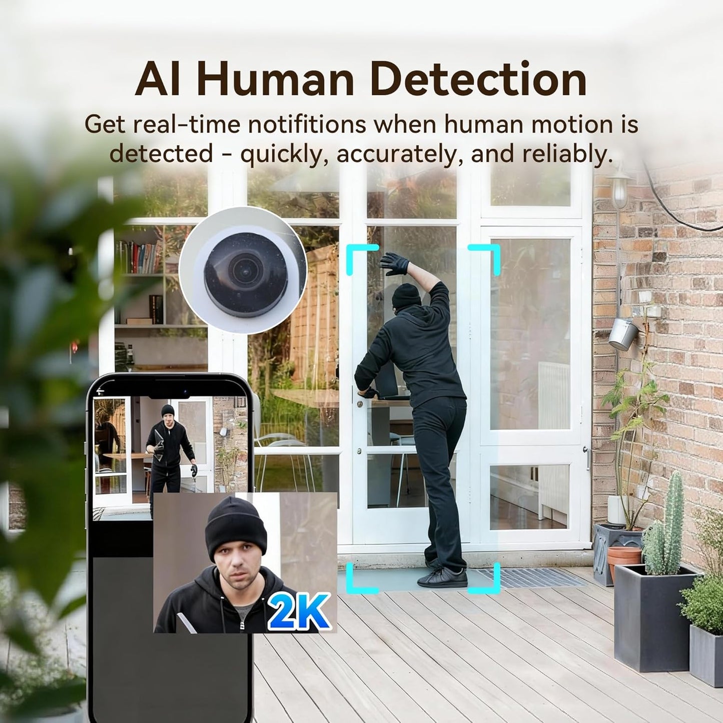 YI 2K Indoor Security Camera with Adhesive Mount, 2-Way Audio, AI Human/Vehicle/Pet Detection, Alerts, Night Vision, Wall/Window Mount, Baby/Pet Monitor, Compatible with Alexa & Google Assistant